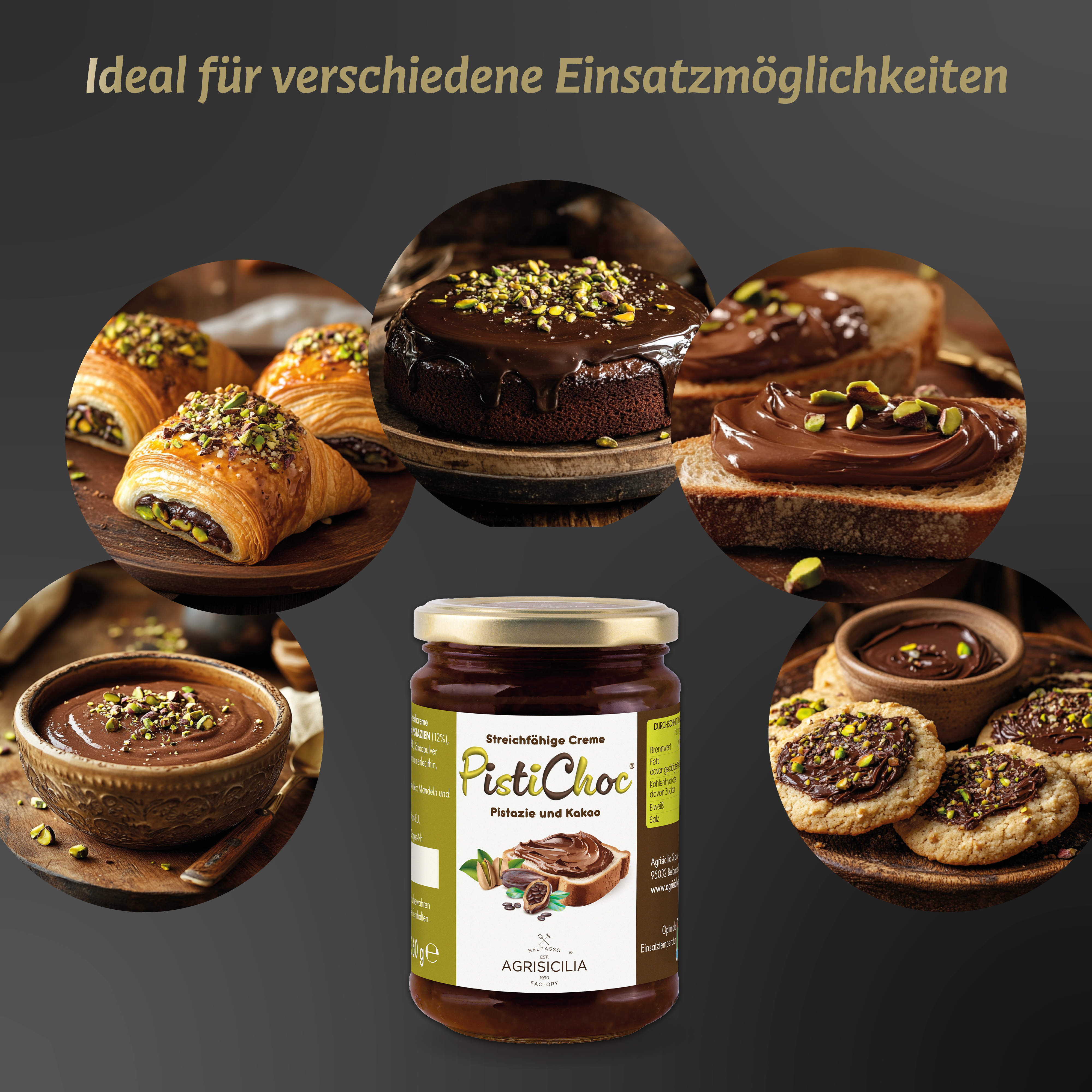 AGRISICILIA PistiChoc – 360g Aufstrich mit Kakao & Pistazien – Brotaufstrich mit Schoko-Pistazien-Geschmack – Pistaziencreme mit Schokolade