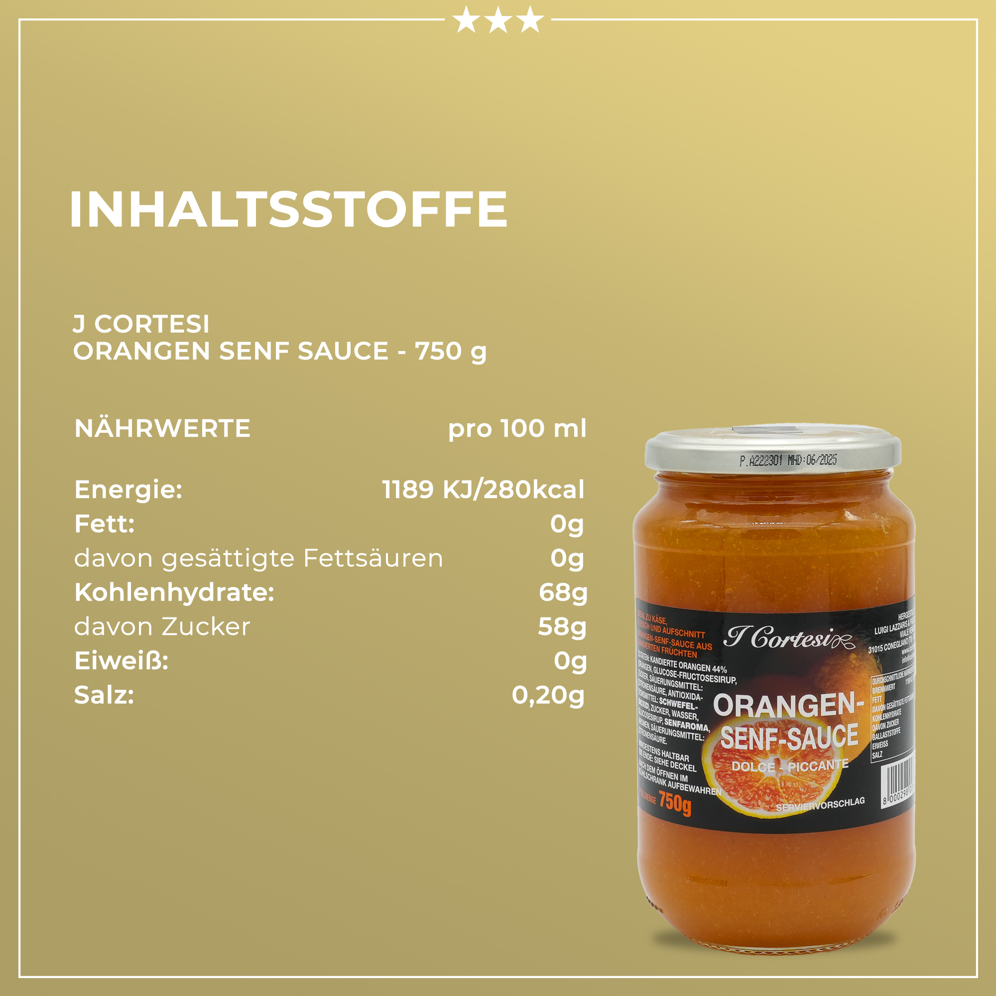 ORANGENSENFSAUCE | Senf | I CORTESI | 750g | aus Italien | Saucen und Dressings