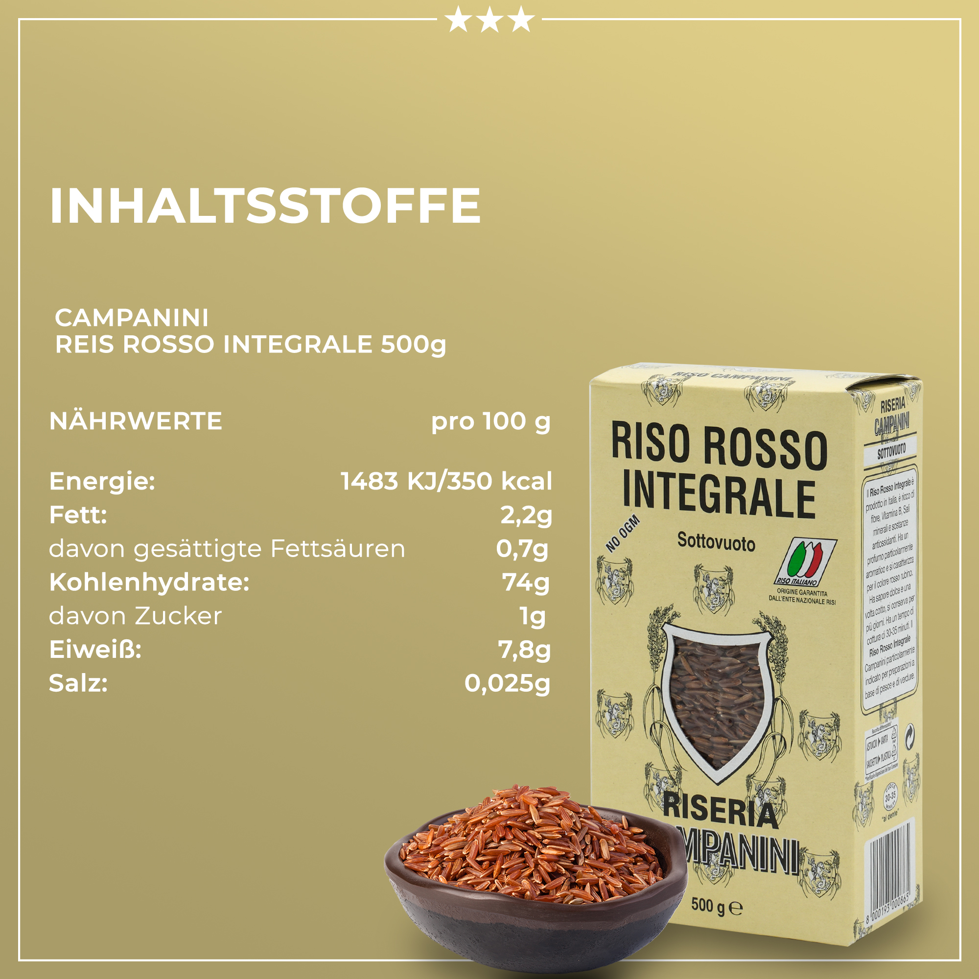 Riso Rosso Integrale | Roter Vollkorn Reis | Risera Campanini | 500g | aus Italien Riso Rosso Integrale | Roter Vollkorn Reis | Risera Campanini | 500g | aus Italien