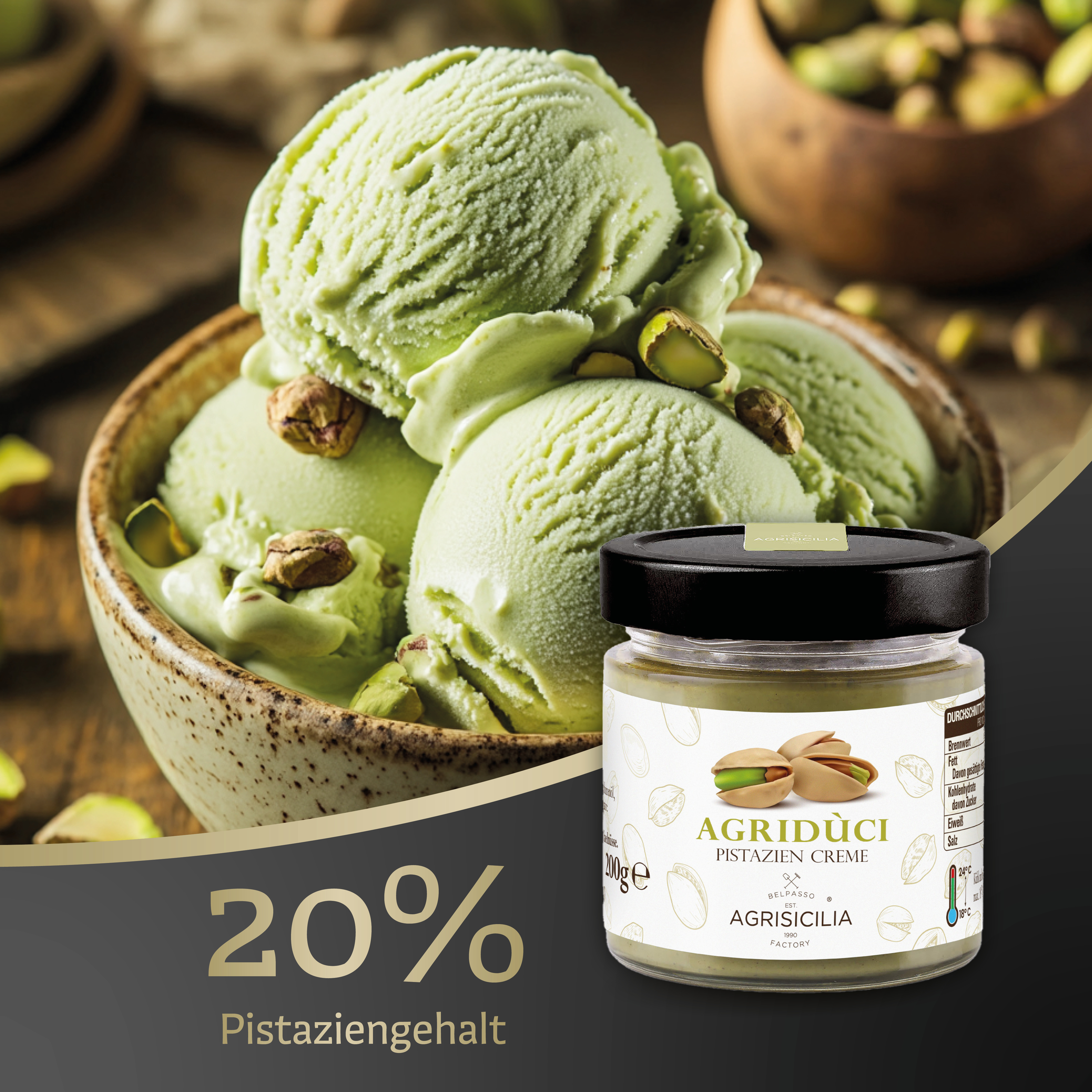 Agrisicilia - Pistazien Creme 20% – 200g Brotaufstrich aus Sizilien – Pistazienmus mit feiner Süße