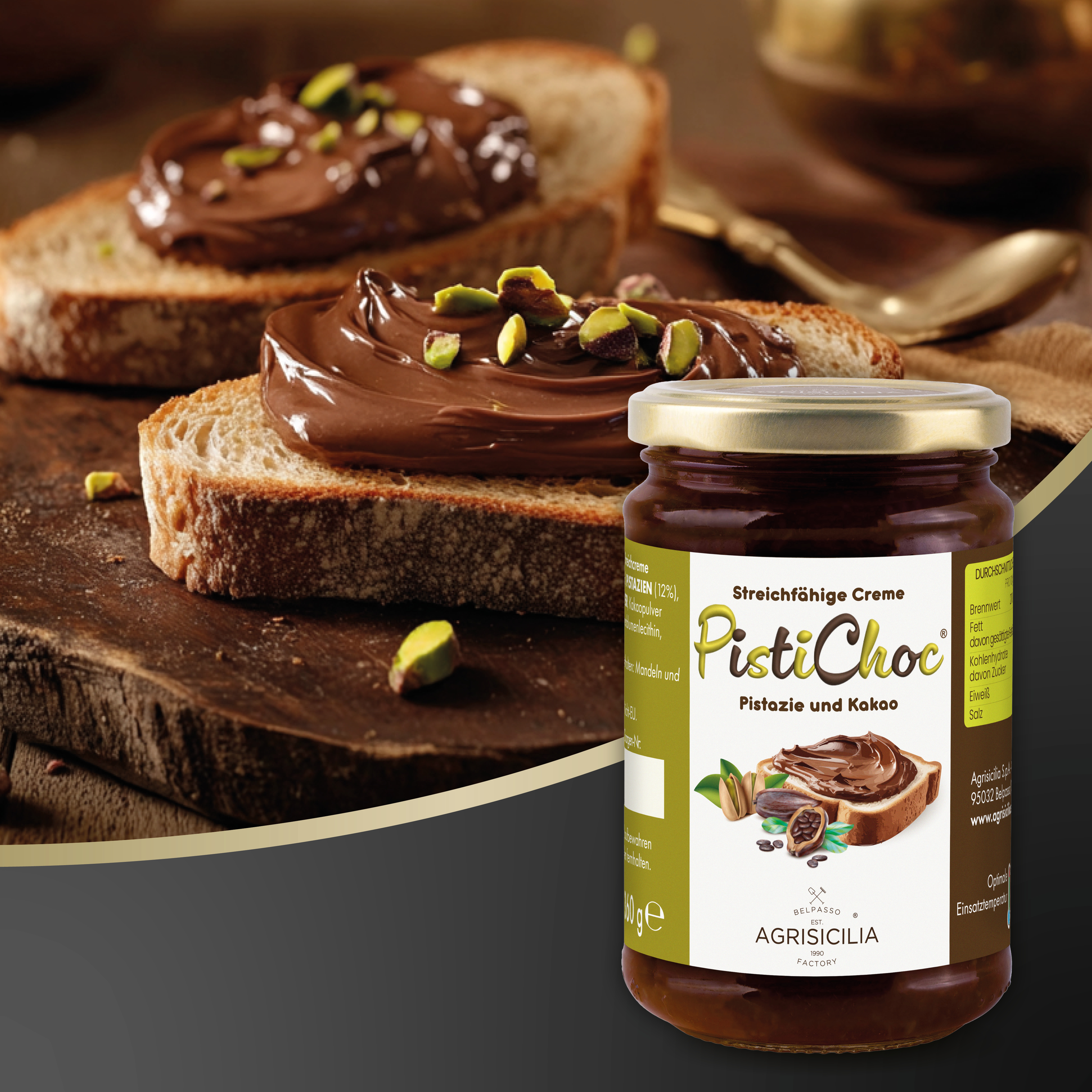 AGRISICILIA PistiChoc – 360g Aufstrich mit Kakao & Pistazien – Brotaufstrich mit Schoko-Pistazien-Geschmack – Pistaziencreme mit Schokolade