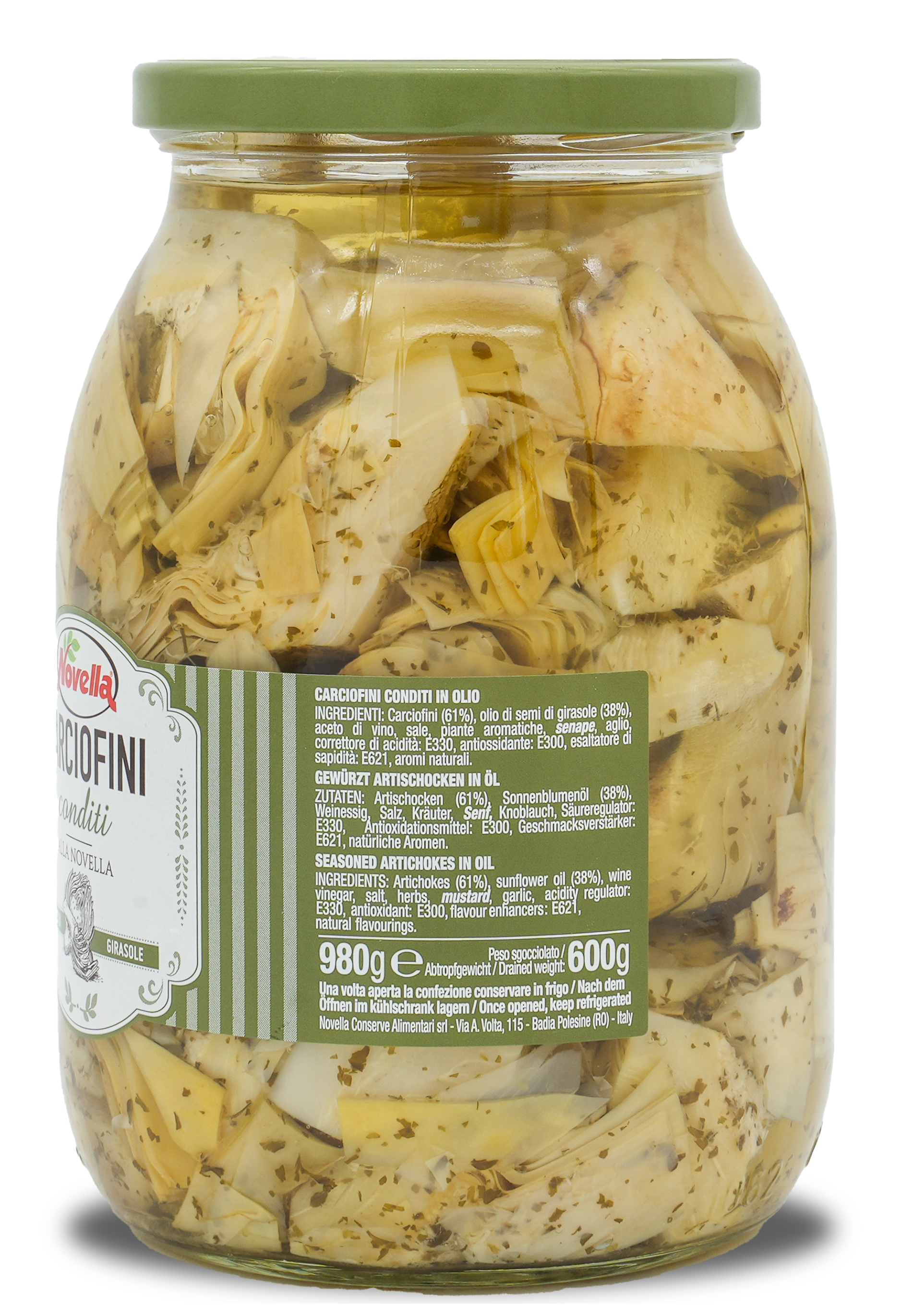 Artischockenstücke | Novella | gekräutert in Sonnenblumenöl | Carciofini conditi | 600g | aus Italien Artischockenstücke | Novella | gekräutert in Sonnenblumenöl | Carciofini conditi | 600g | aus Italien