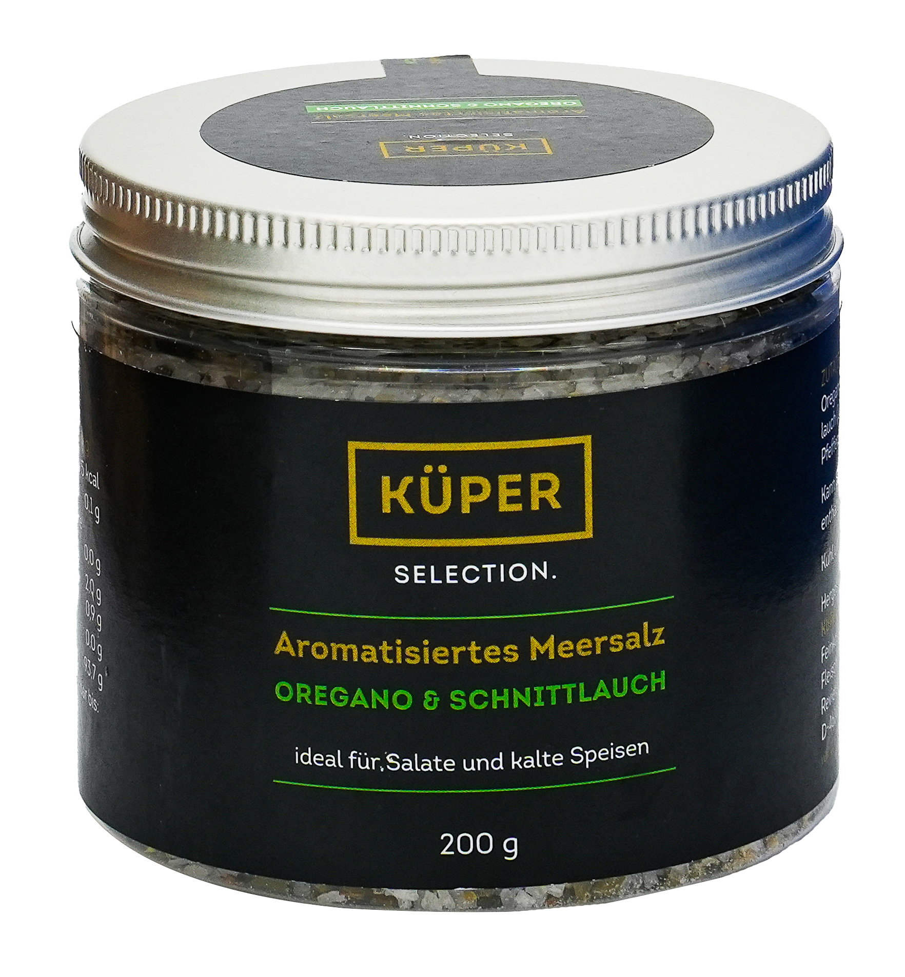 Küper Selection – 200g Aromatisiertes Meersalz mit 1,4% Oregano, 1% Schnittlauch, schwarzem Pfeffer und Knoblauch in grober Körnung