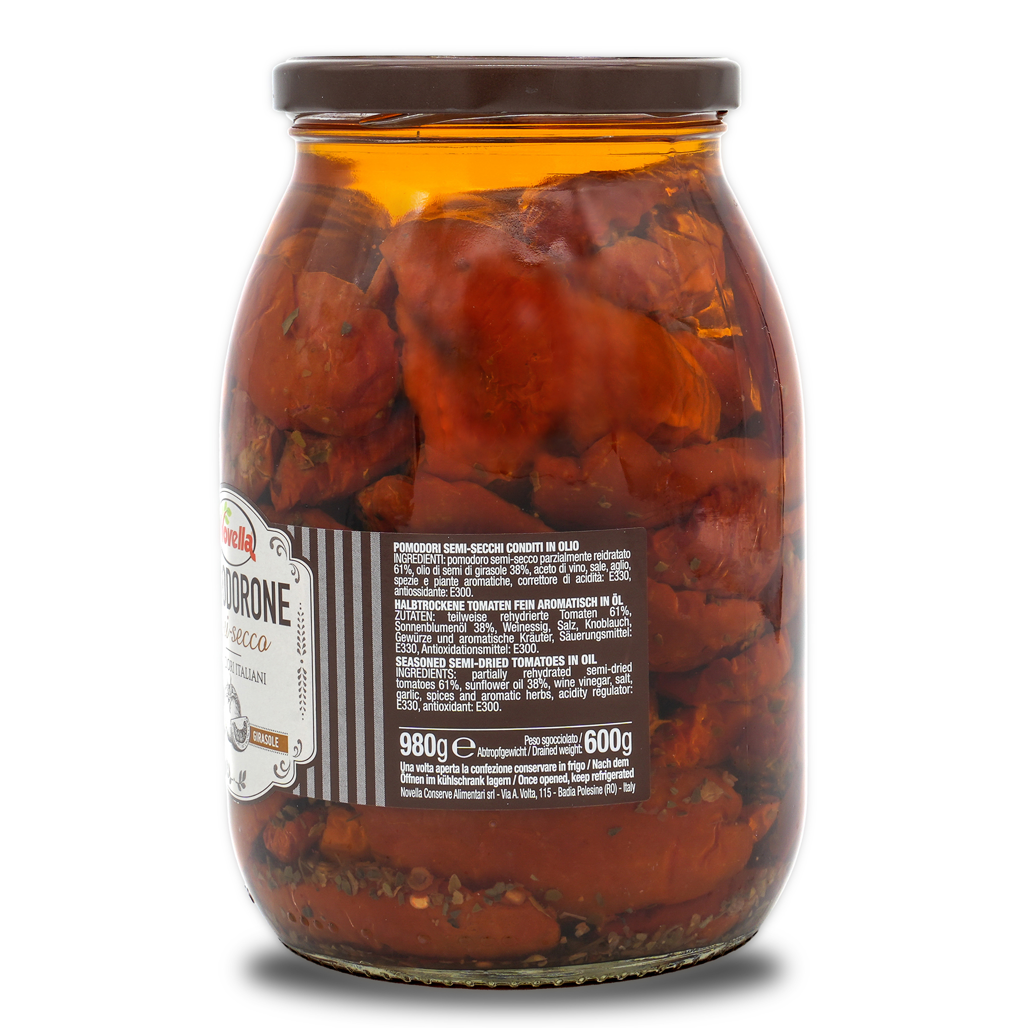 Halbgetrocknete Tomaten | Novella | Pomodorone semi-secco | in Sonnenblumenöl | 600g | aus Italien Halbgetrocknete Tomaten | Novella | Pomodorone semi-secco | in Sonnenblumenöl | 600g | aus Italien
