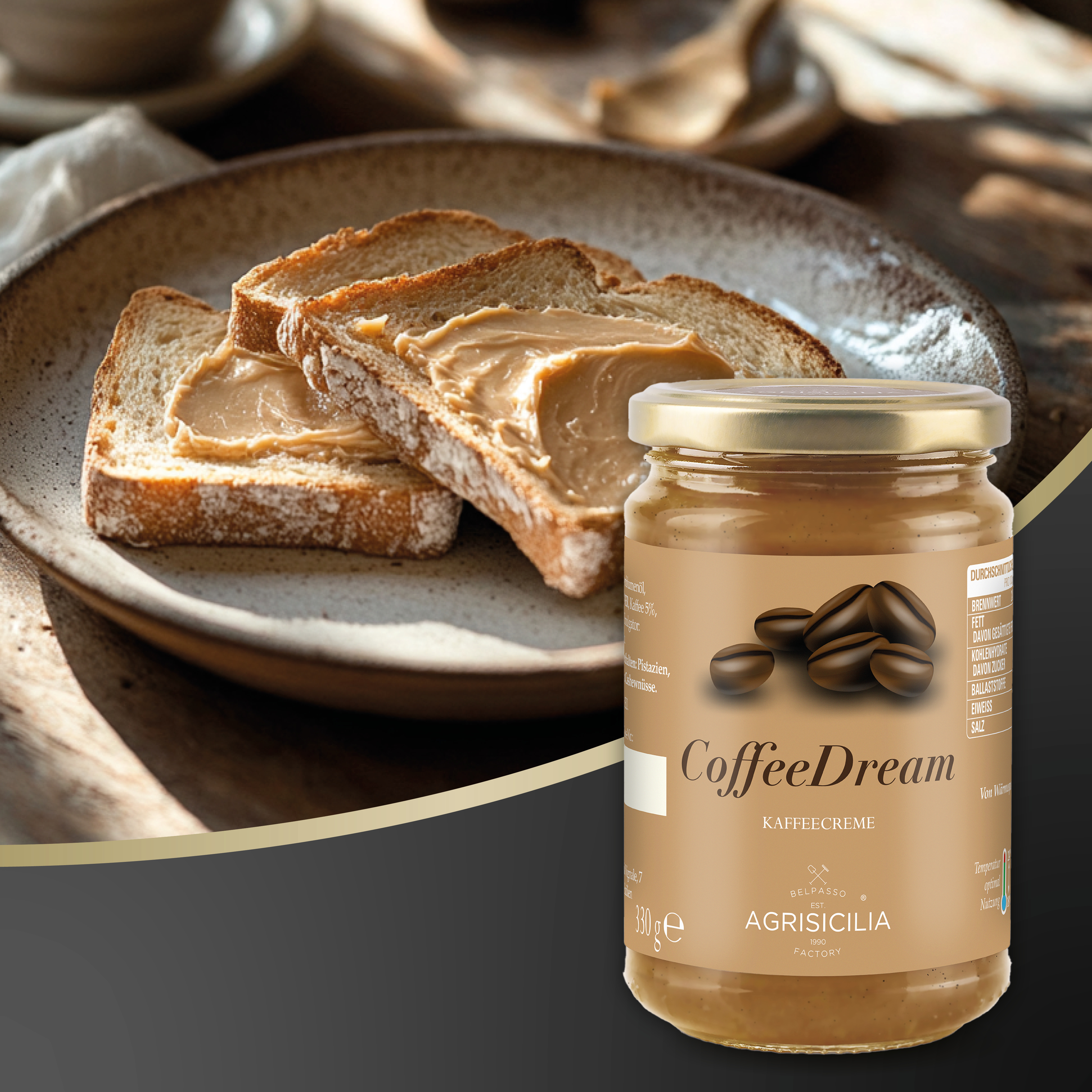 Agrisicilia CoffeeDream – Kaffee Creme 330g – Süßer Aufstrich für Frühstück, Croissant, Toastbrot & Dessert – Cremiger Genuss aus Italien