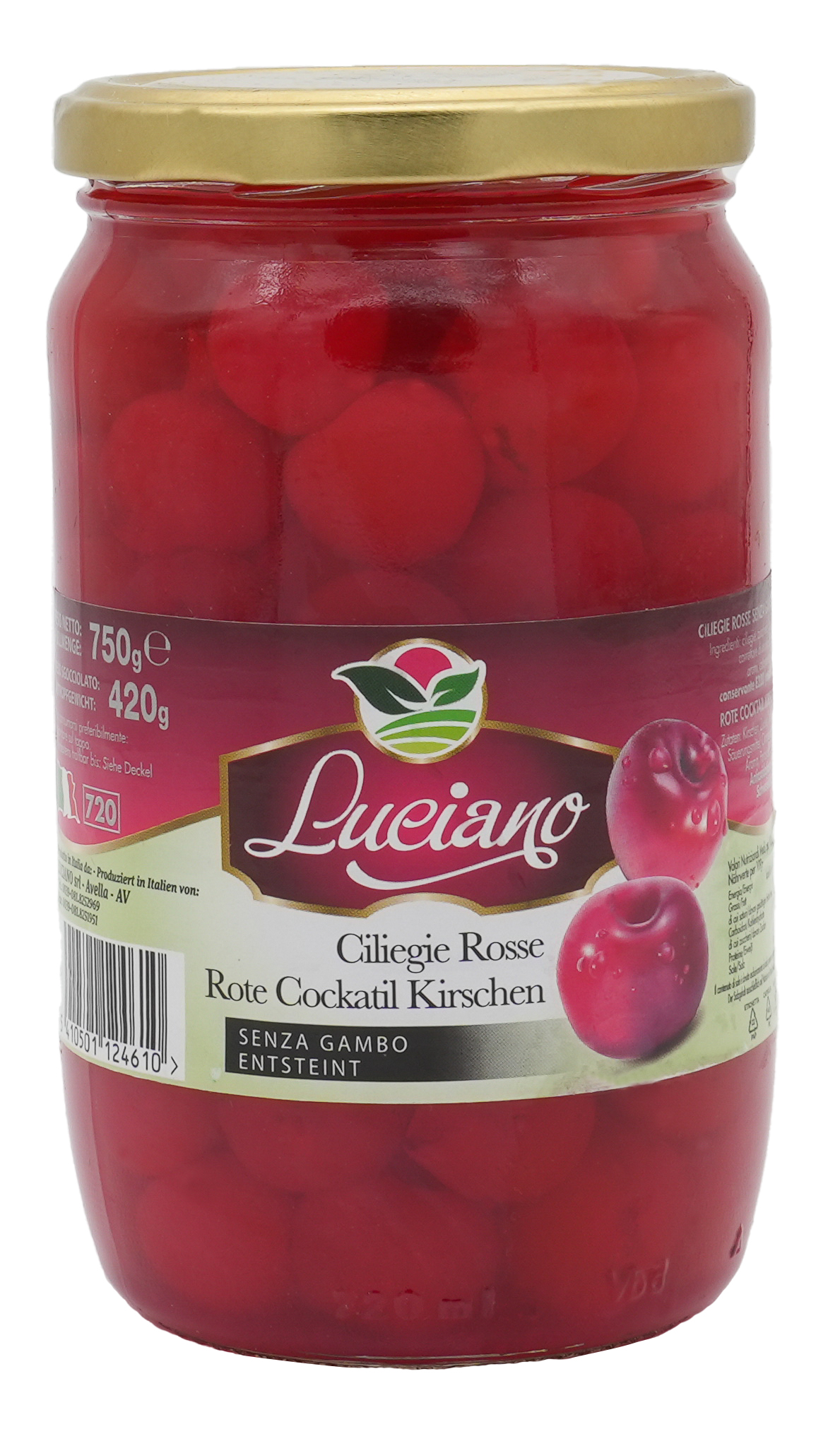 CILIEGIE ROSSE | Rote Cocktail Kirschen entsteint und ohne Stiel | LUCIANO | 720ml | aus Italien | Früchte