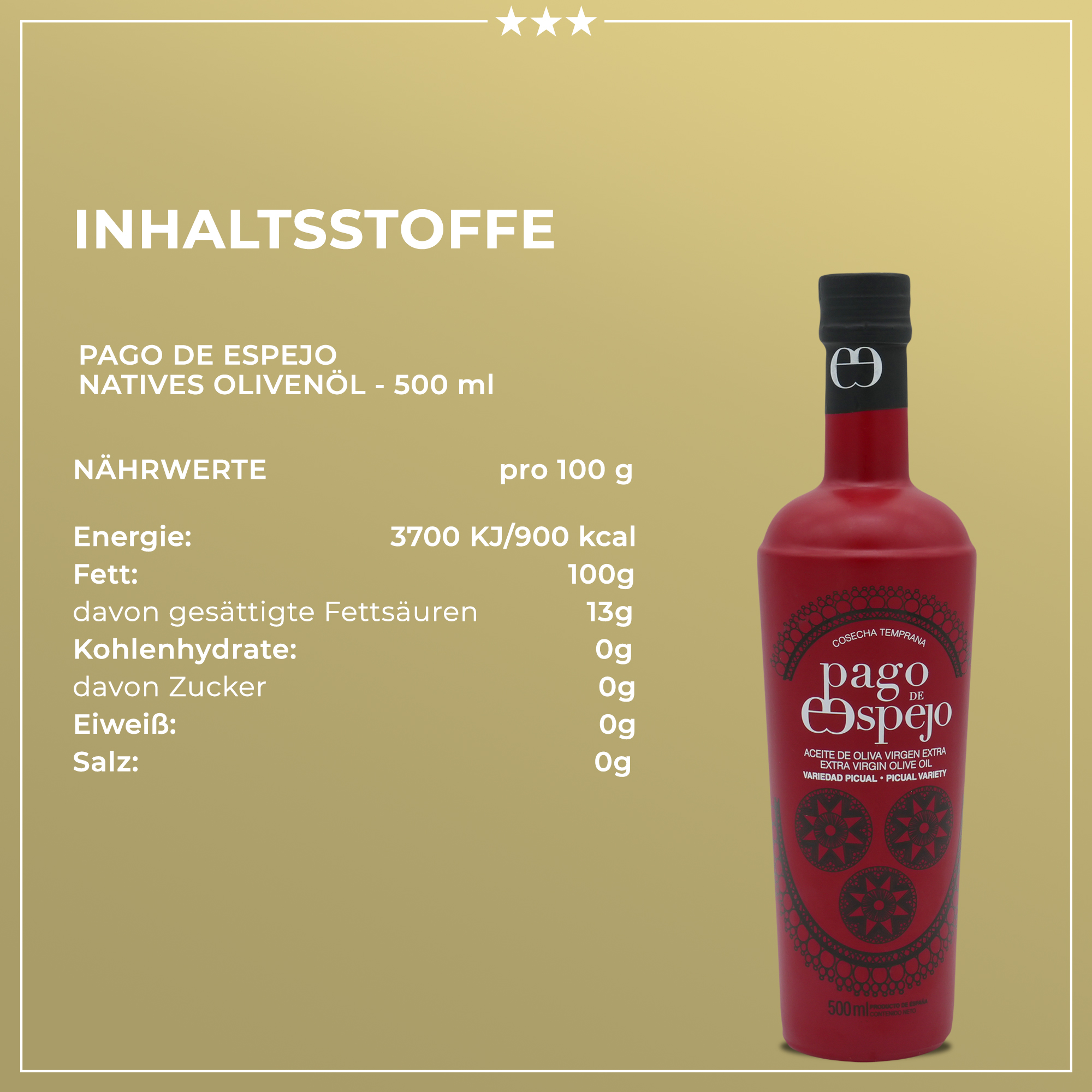 ACEITE DE OLIVIA VIRGEN EXTRA VARIEDAD PICUAL | Olivenöl extra nativ aus Picual-Olive | PAGO DE ESPEJO | 500ml | aus Spanien | Öle ACEITE DE OLIVIA VIRGEN EXTRA VARIEDAD PICUAL | Olivenöl extra nativ aus Picual-Olive | PAGO DE ESPEJO | 500ml | aus Spanien | Öle