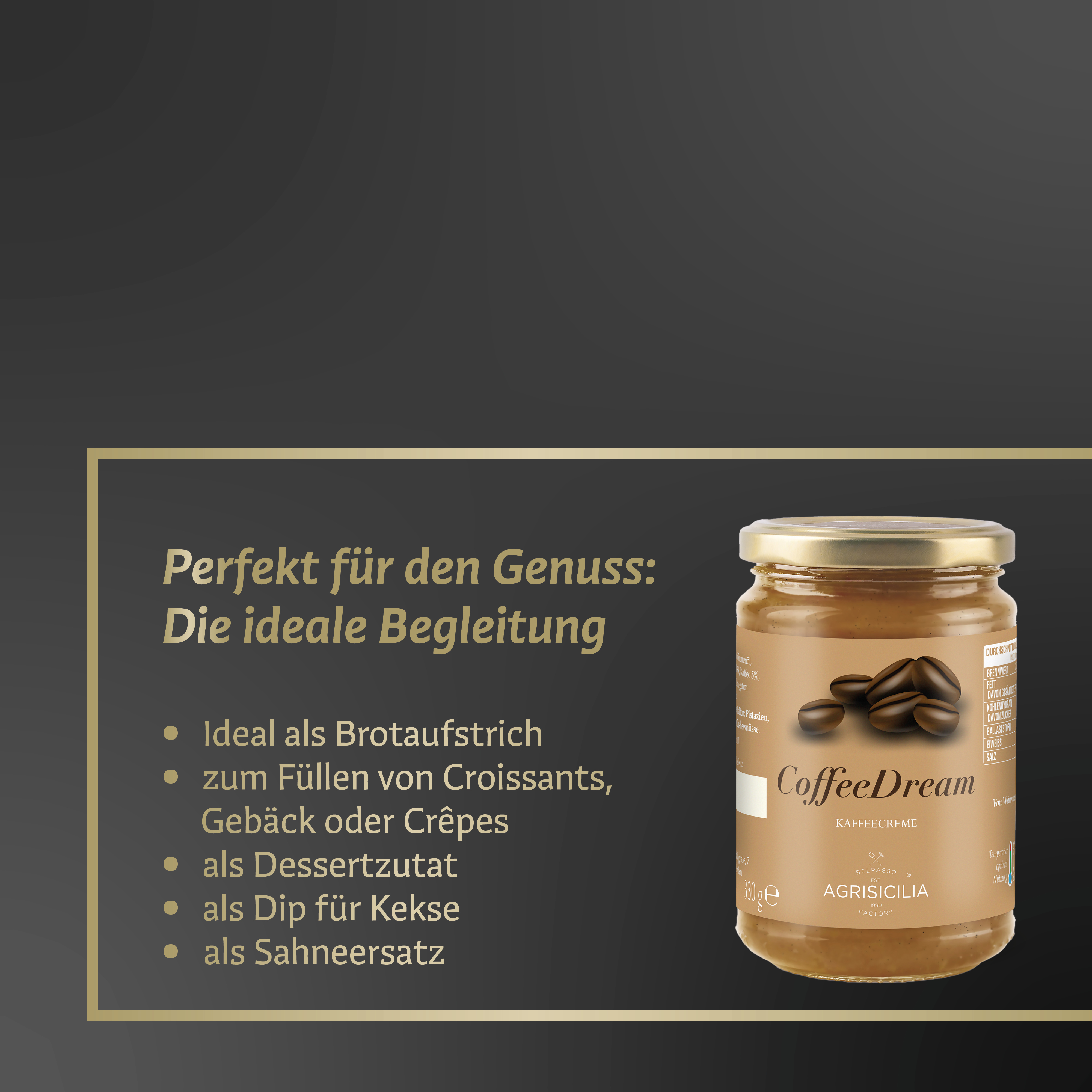 Agrisicilia CoffeeDream – Kaffee Creme 330g – Süßer Aufstrich für Frühstück, Croissant, Toastbrot & Dessert – Cremiger Genuss aus Italien