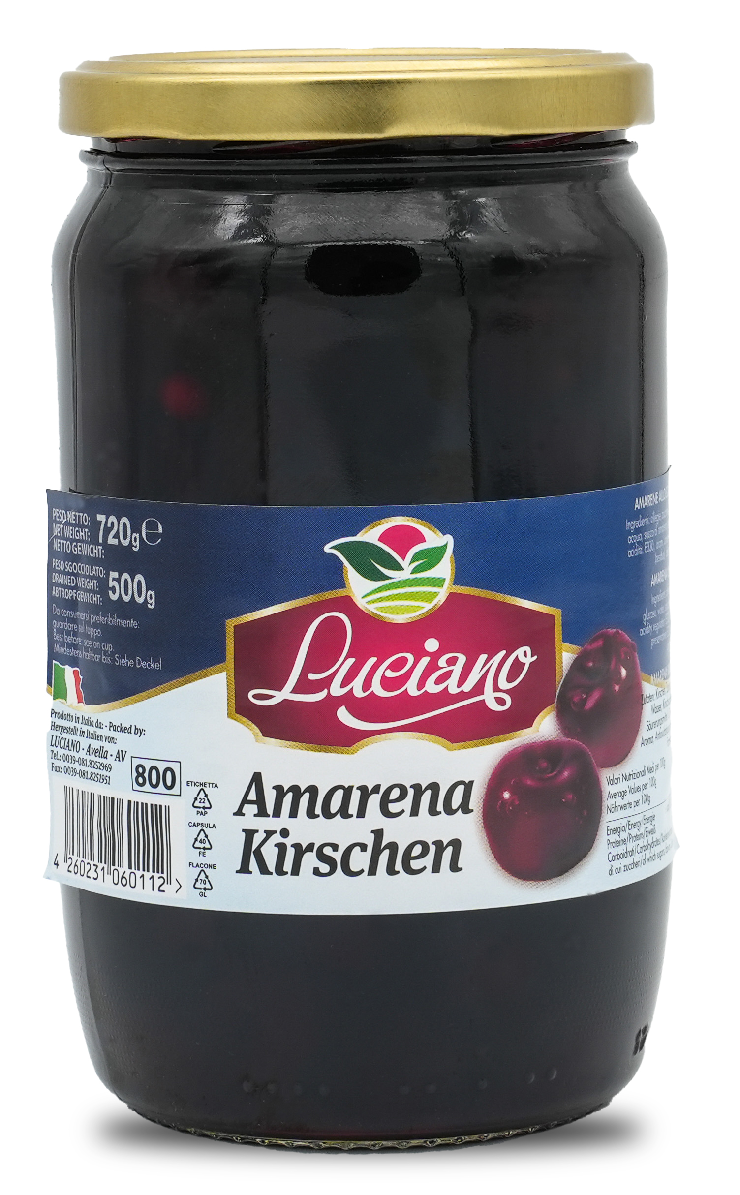 Amarena Kirschen | Amarena Kirsche entsteint und ohne Stiel | LUCIANO | 720ml | aus Italien | Früchte