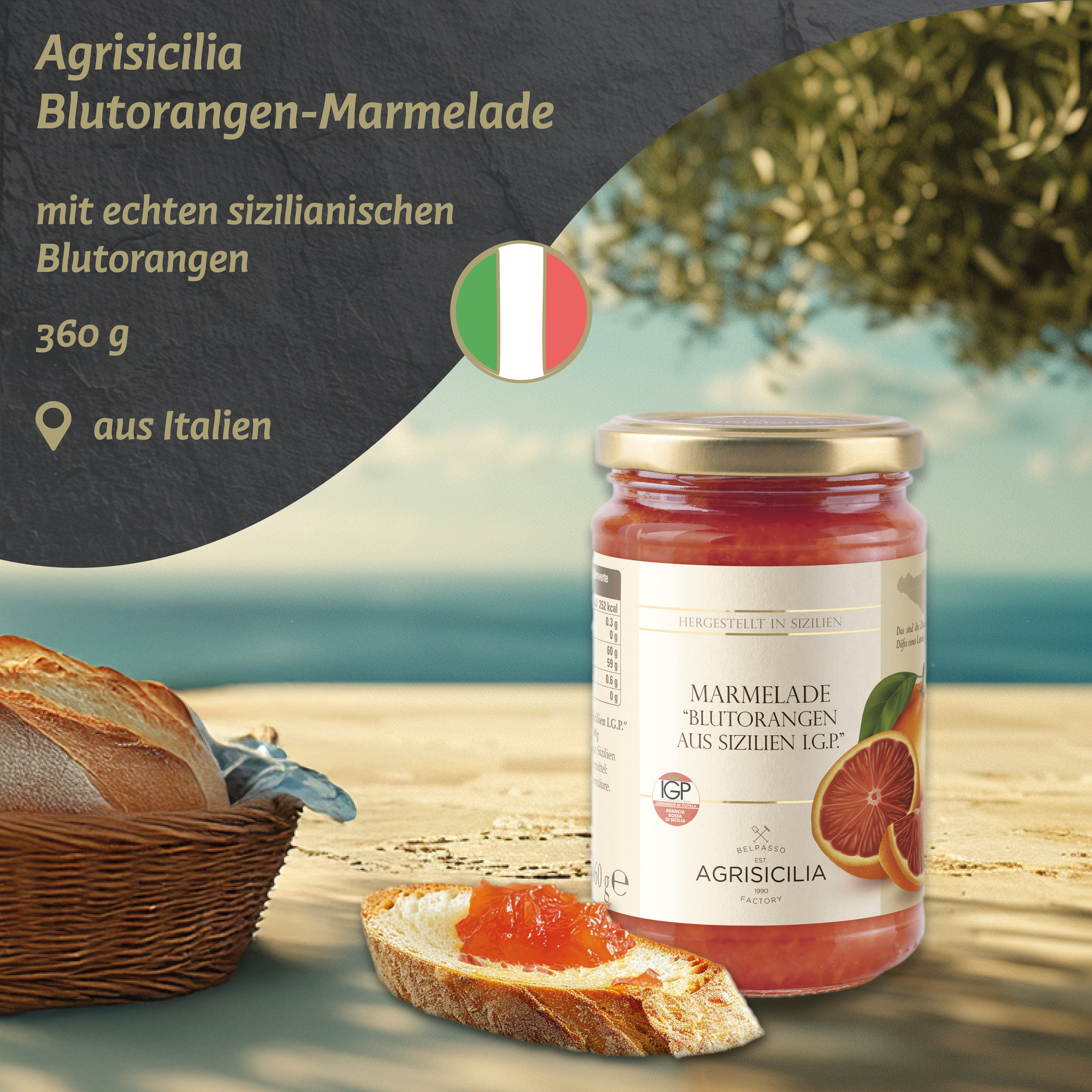 Agrisicilia - Blutorangen Marmelade 360g – Brotaufstrich aus Sizilien – Konfitüre fürs Frühstück zum Brötchen oder Brot