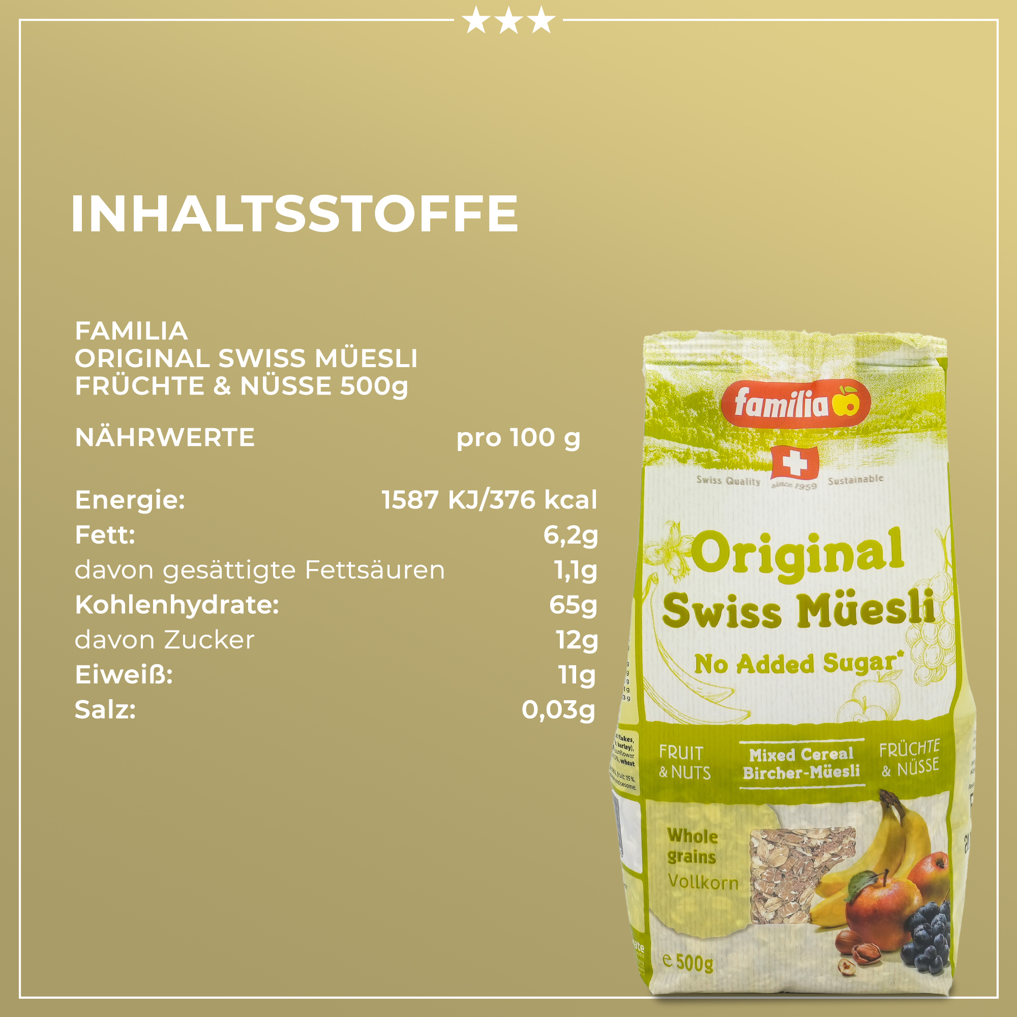 Premium Müsli aus der Schweiz | Das Original (ohne Zucker) vom Erfinder des Bircher Müslis | Familia | 500g | 100% Vollkorn | Traditionelles Frühstück Premium Müsli aus der Schweiz | Das Original (ohne Zucker) vom Erfinder des Bircher Müslis | Familia | 500g | 100% Vollkorn | Traditionelles Frühstück