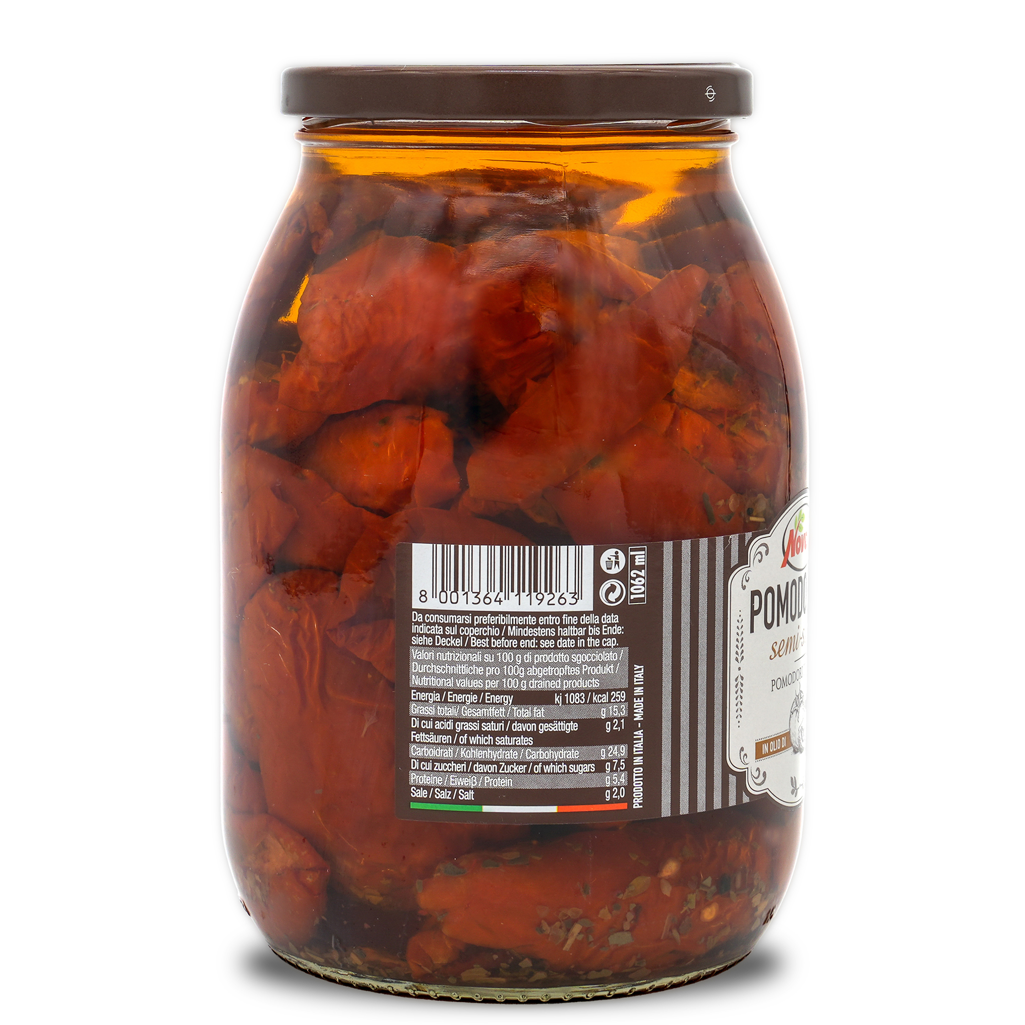Halbgetrocknete Tomaten | Novella | Pomodorone semi-secco | in Sonnenblumenöl | 600g | aus Italien Halbgetrocknete Tomaten | Novella | Pomodorone semi-secco | in Sonnenblumenöl | 600g | aus Italien