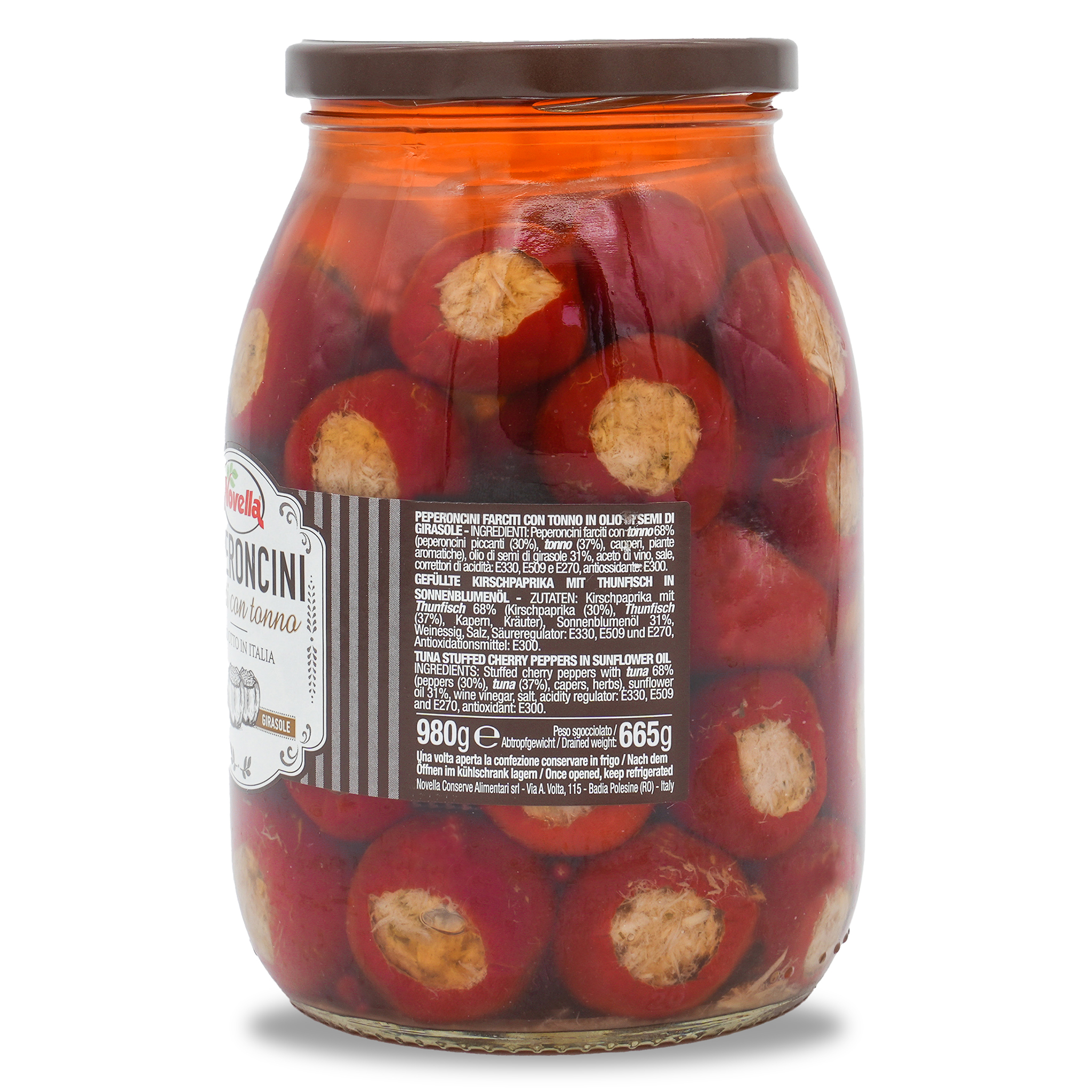 PEPERONCINI FARCITI CON TONNO | Kirschpaprika mit Thunfischfüllung im Glas | NOVELLA | 665g | aus Italien | Vorspeisen PEPERONCINI FARCITI CON TONNO | Kirschpaprika mit Thunfischfüllung im Glas | NOVELLA | 665g | aus Italien | Vorspeisen