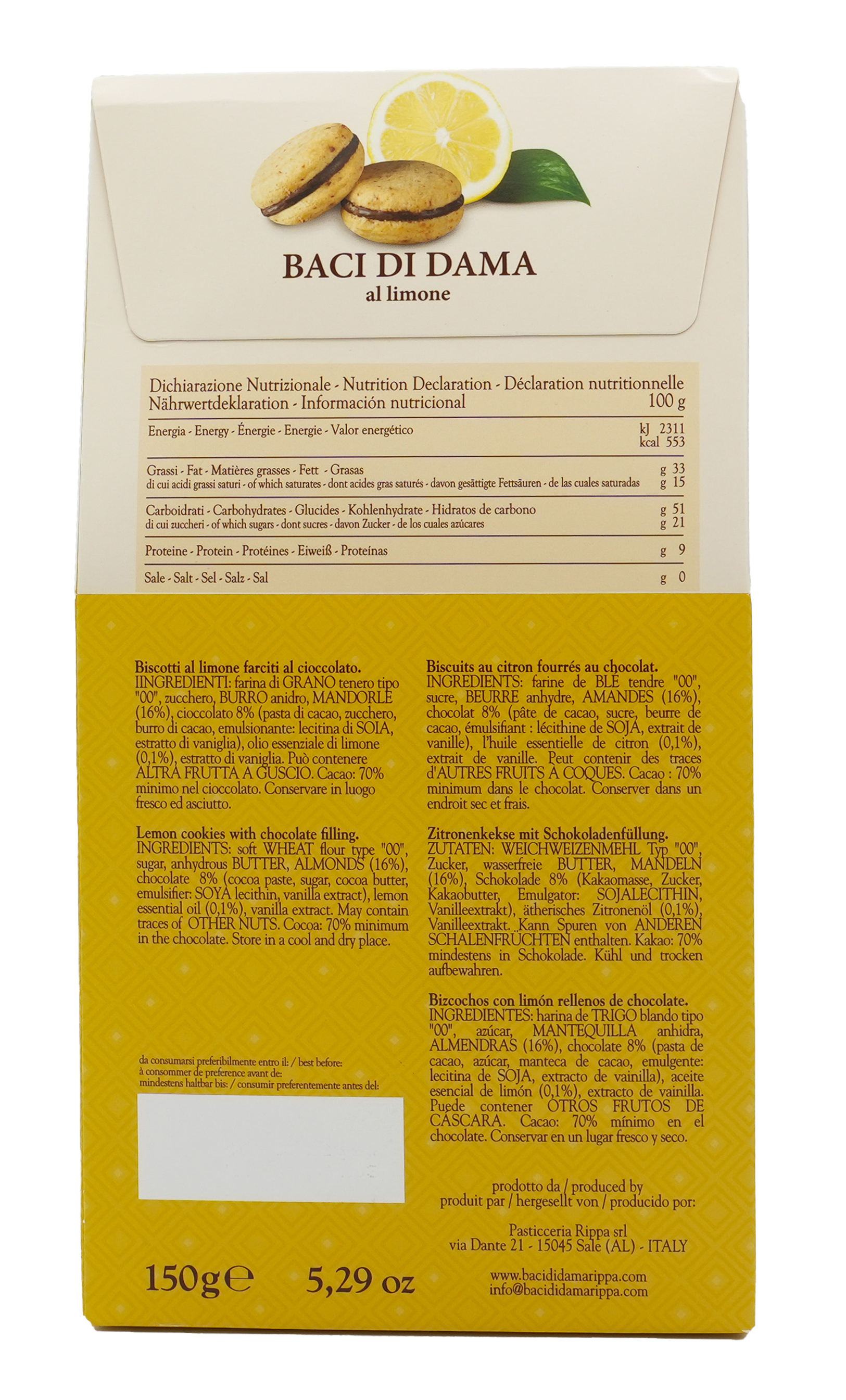 Baci di Dama al limone | RIPPA | Aus Italien | 150g | Zitronenkeks mit Schokoladenfüllung | Traditionelles italienisches Rezept Baci di Dama al limone | RIPPA | Aus Italien | 150g | Zitronenkeks mit Schokoladenfüllung | Traditionelles italienisches Rezept
