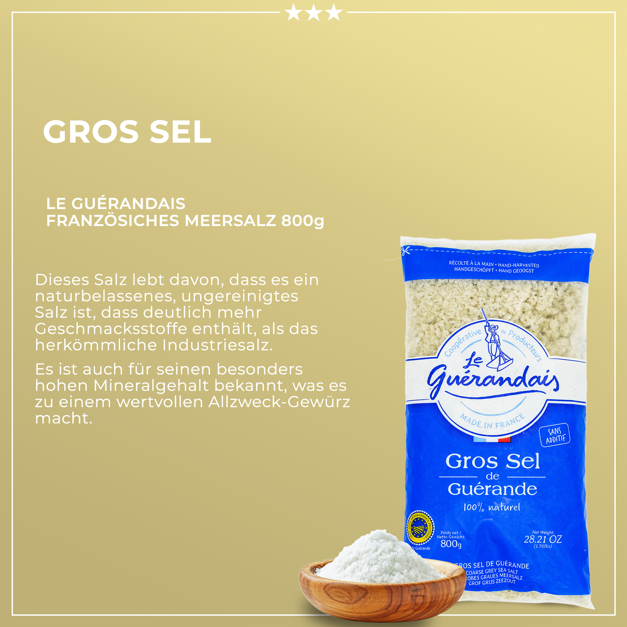 Handgeschöpftes GROS SEL | Meersalz grob | DE GUERANDE | 800g Handgeschöpftes GROS SEL | Meersalz grob | DE GUERANDE | 800g