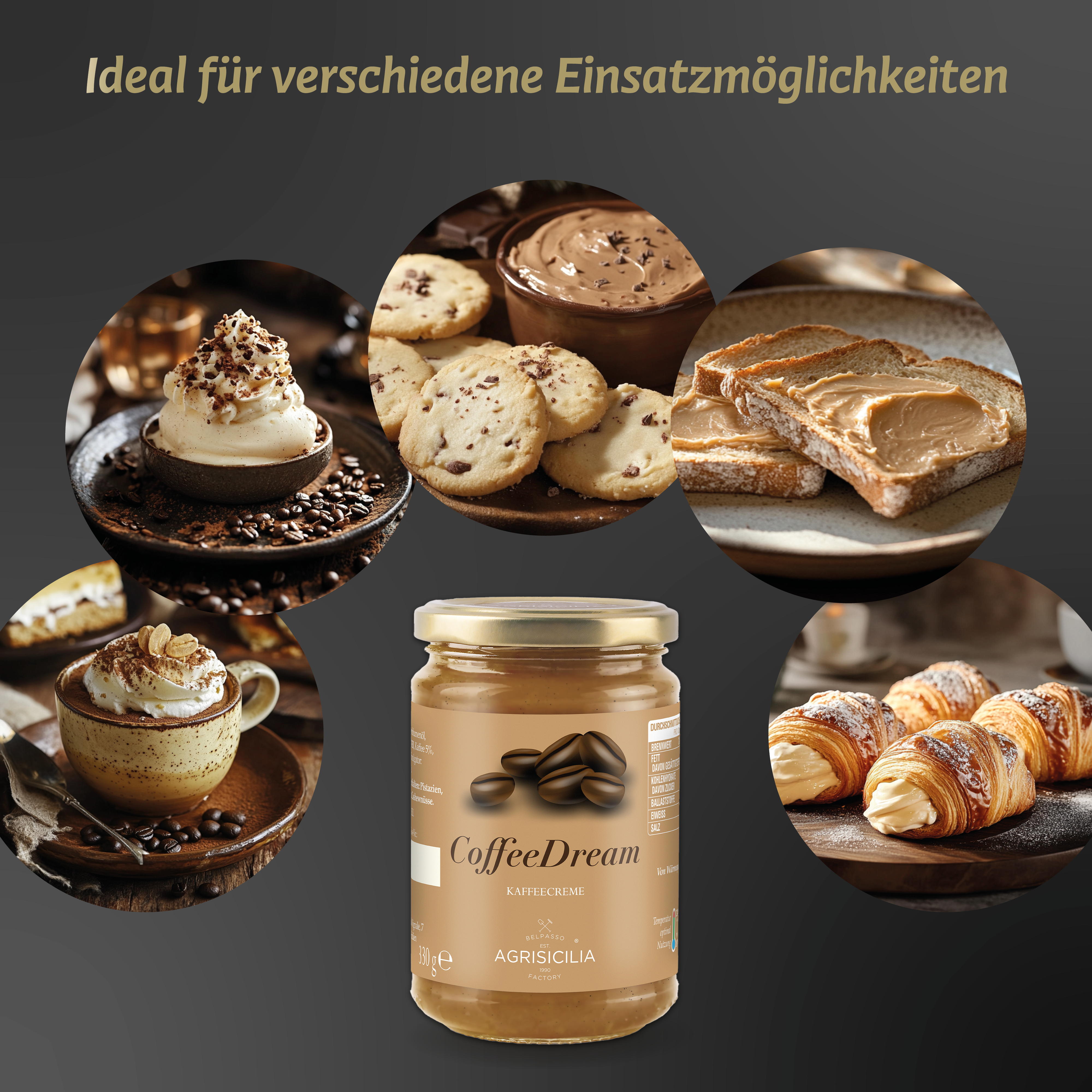 Agrisicilia CoffeeDream – Kaffee Creme 330g – Süßer Aufstrich für Frühstück, Croissant, Toastbrot & Dessert – Cremiger Genuss aus Italien