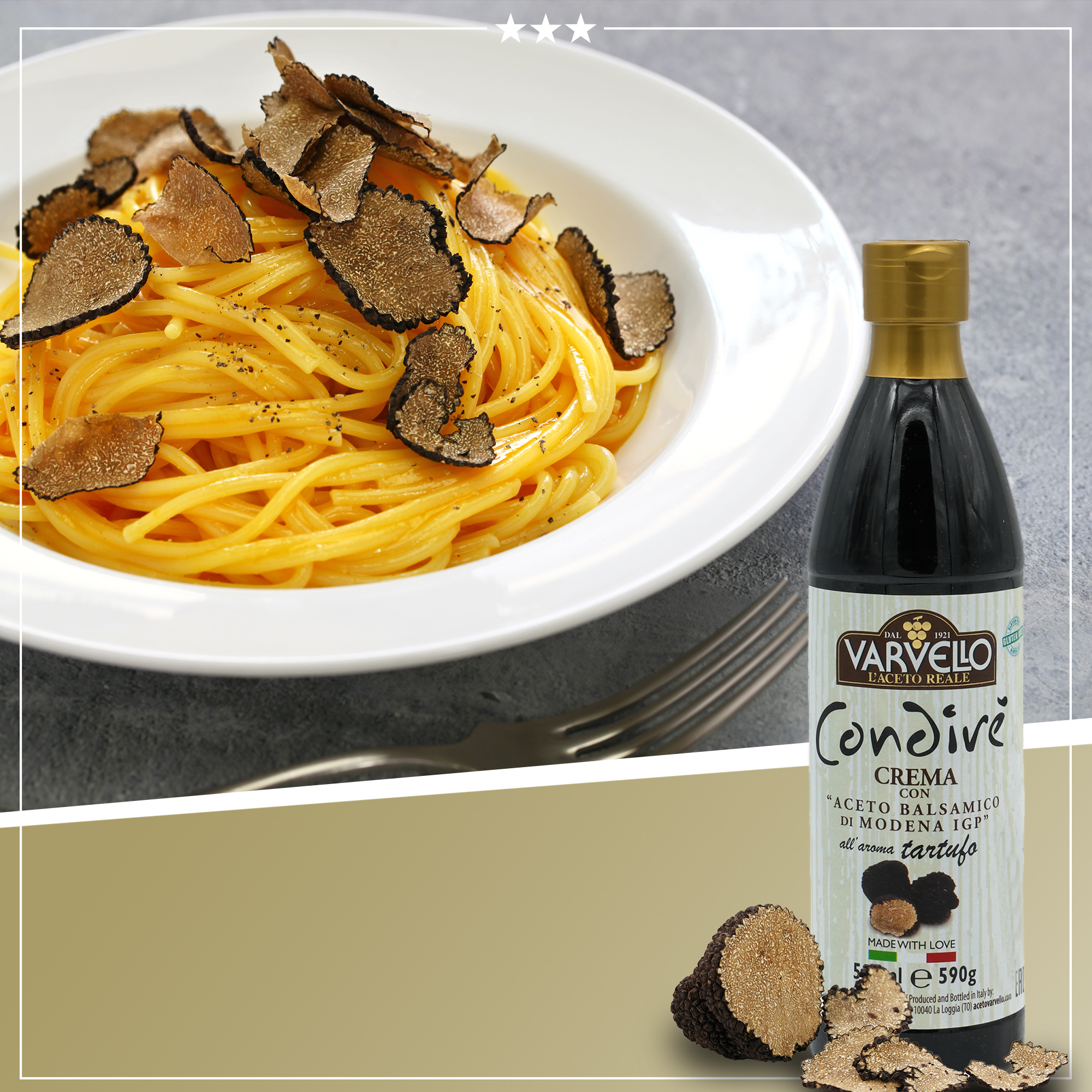 Perfekte Kochbox - Pasta Strangozzi + Weißweinessig Estragon + Crema di Balsamico Trüffel + Pommery Senf + Feines Meersalz