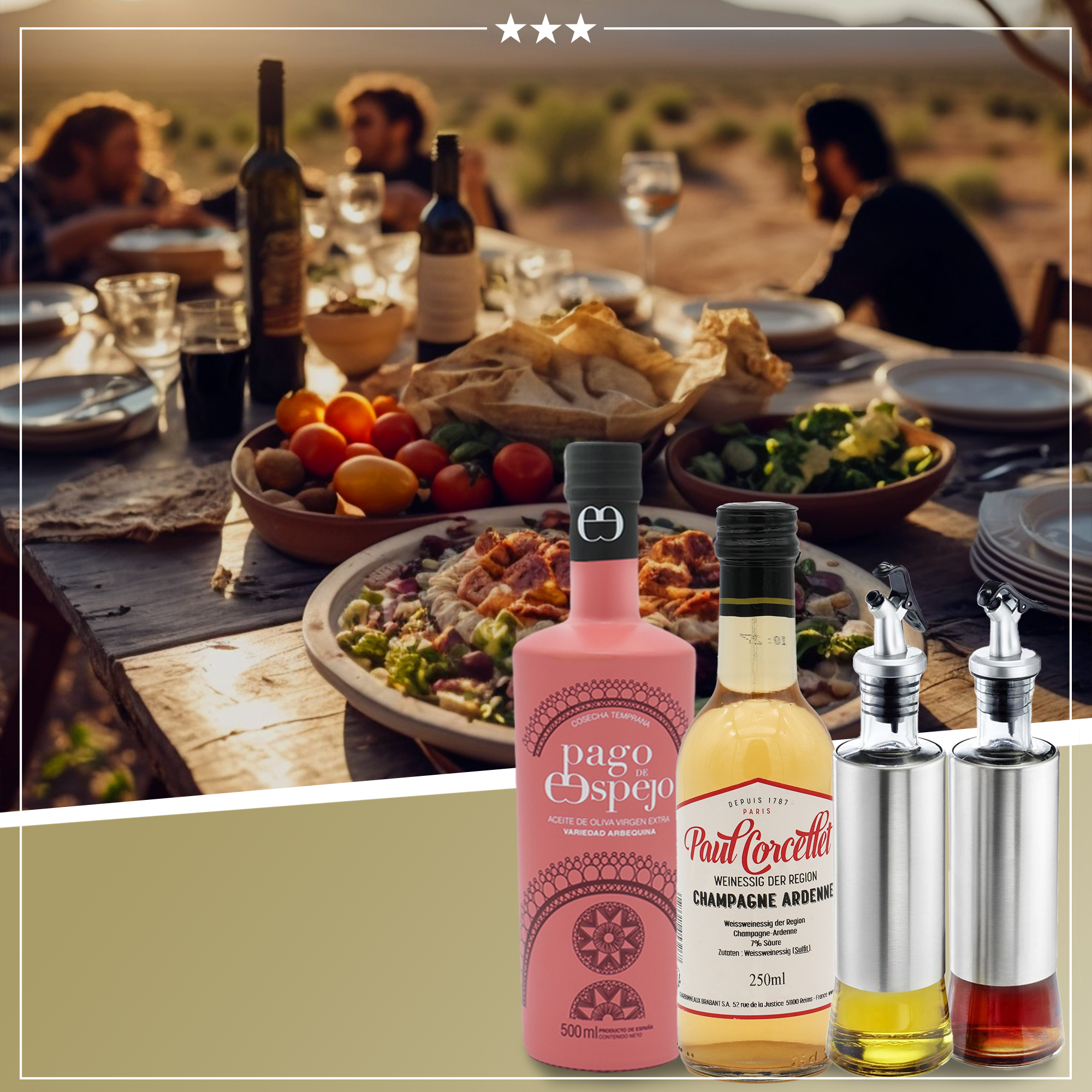 ACEITE DE OLIVIA VIRGEN EXTRA VARIEDAD ARBEQUINA + PAUL CORCELLET CHAMPAGNE ESSIG + ESSIG- UND ÖLSPENDER ACEITE DE OLIVIA VIRGEN EXTRA VARIEDAD ARBEQUINA + PAUL CORCELLET CHAMPAGNE ESSIG + ESSIG- UND ÖLSPENDER