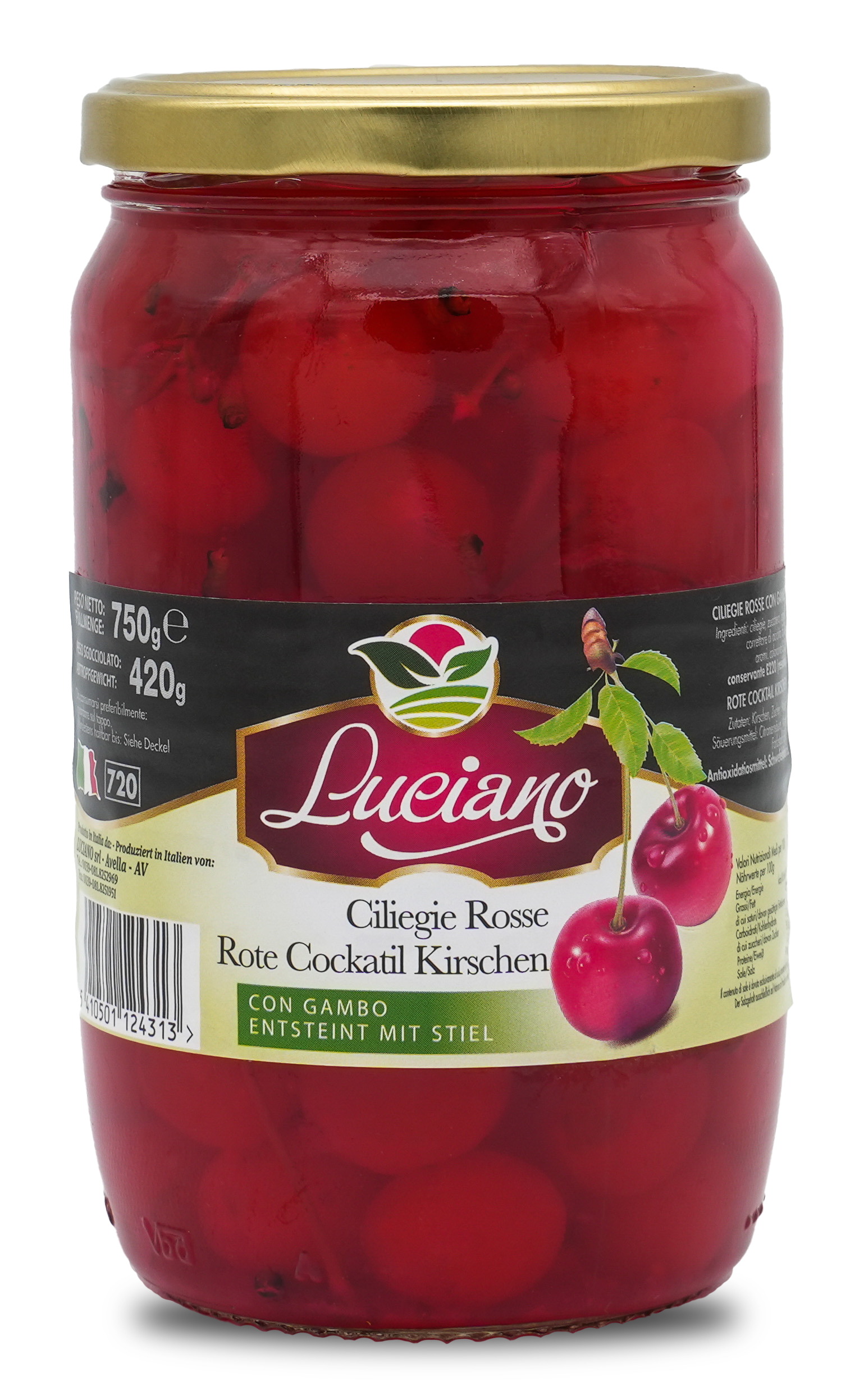 CILIEGIE ROSSE | Rote Cocktail Kirschen entsteint und mit Stiel | LUCIANO | 720ml | aus Italien | Früchte