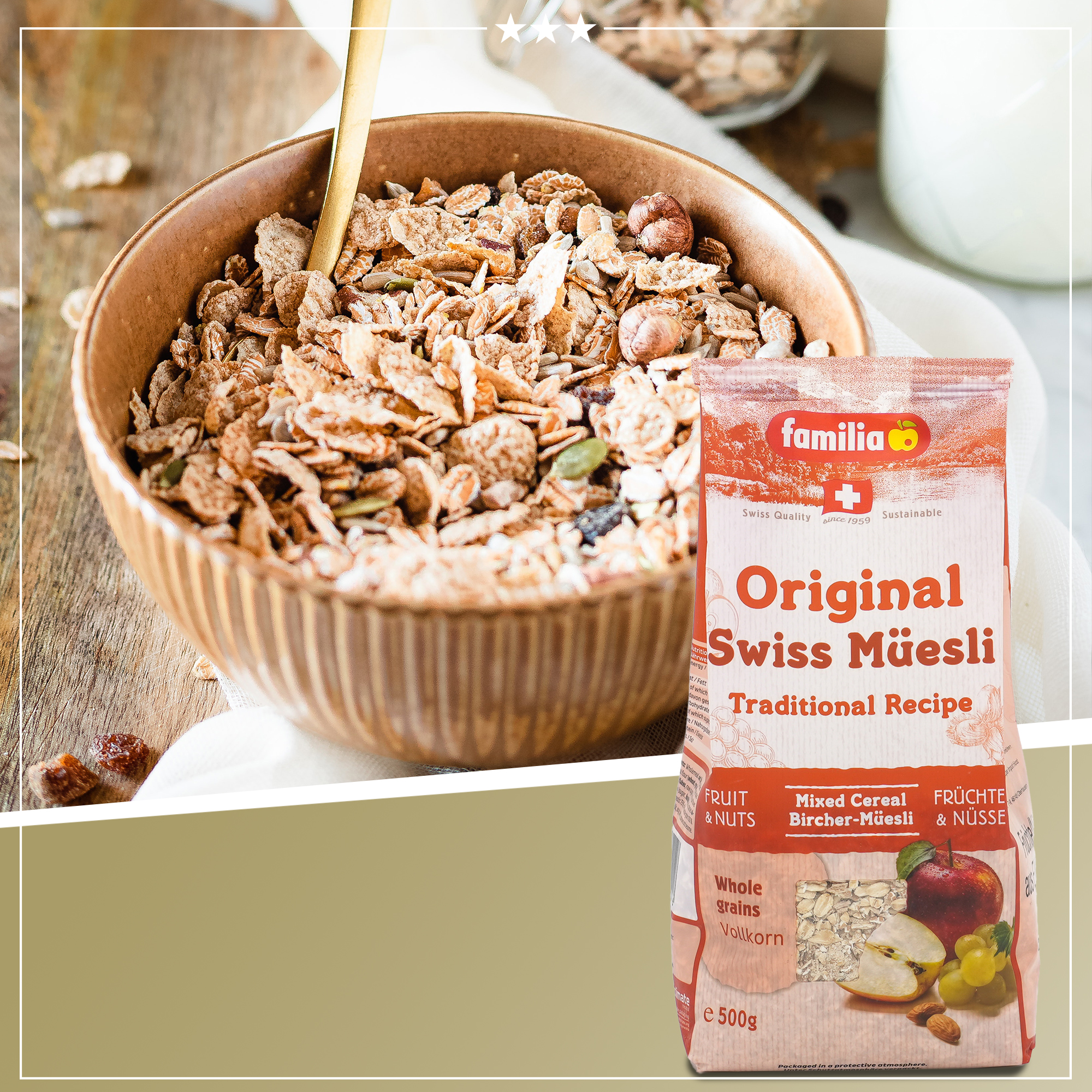 Premium Müsli aus der Schweiz | Das Original vom Erfinder des Bircher Müslis | Familia | 500g | 100% Vollkorn | Traditionelles Frühstück Premium Müsli aus der Schweiz | Das Original vom Erfinder des Bircher Müslis | Familia | 500g | 100% Vollkorn | Traditionelles Frühstück