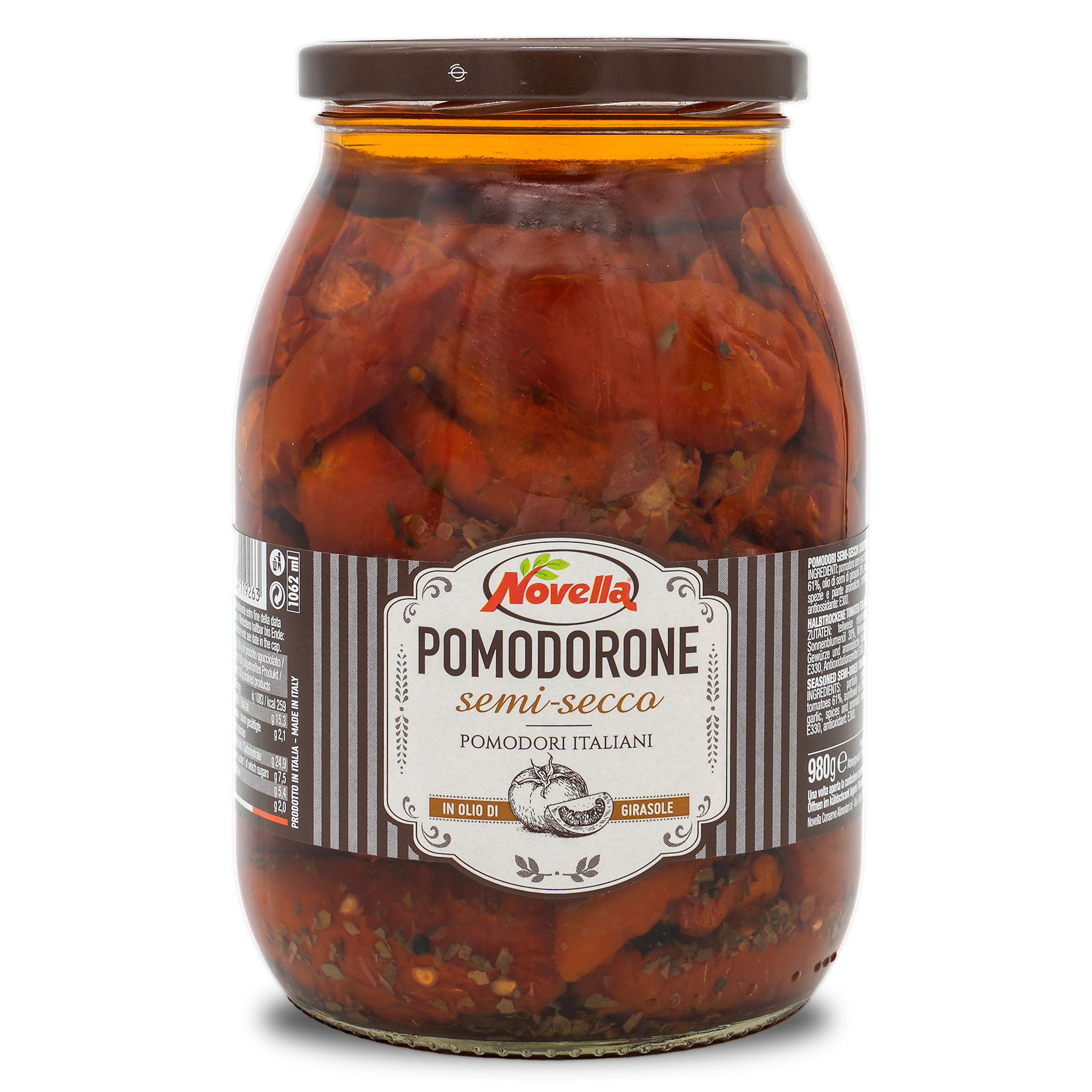 Halbgetrocknete Tomaten | Novella | Pomodorone semi-secco | in Sonnenblumenöl | 600g | aus Italien Halbgetrocknete Tomaten | Novella | Pomodorone semi-secco | in Sonnenblumenöl | 600g | aus Italien