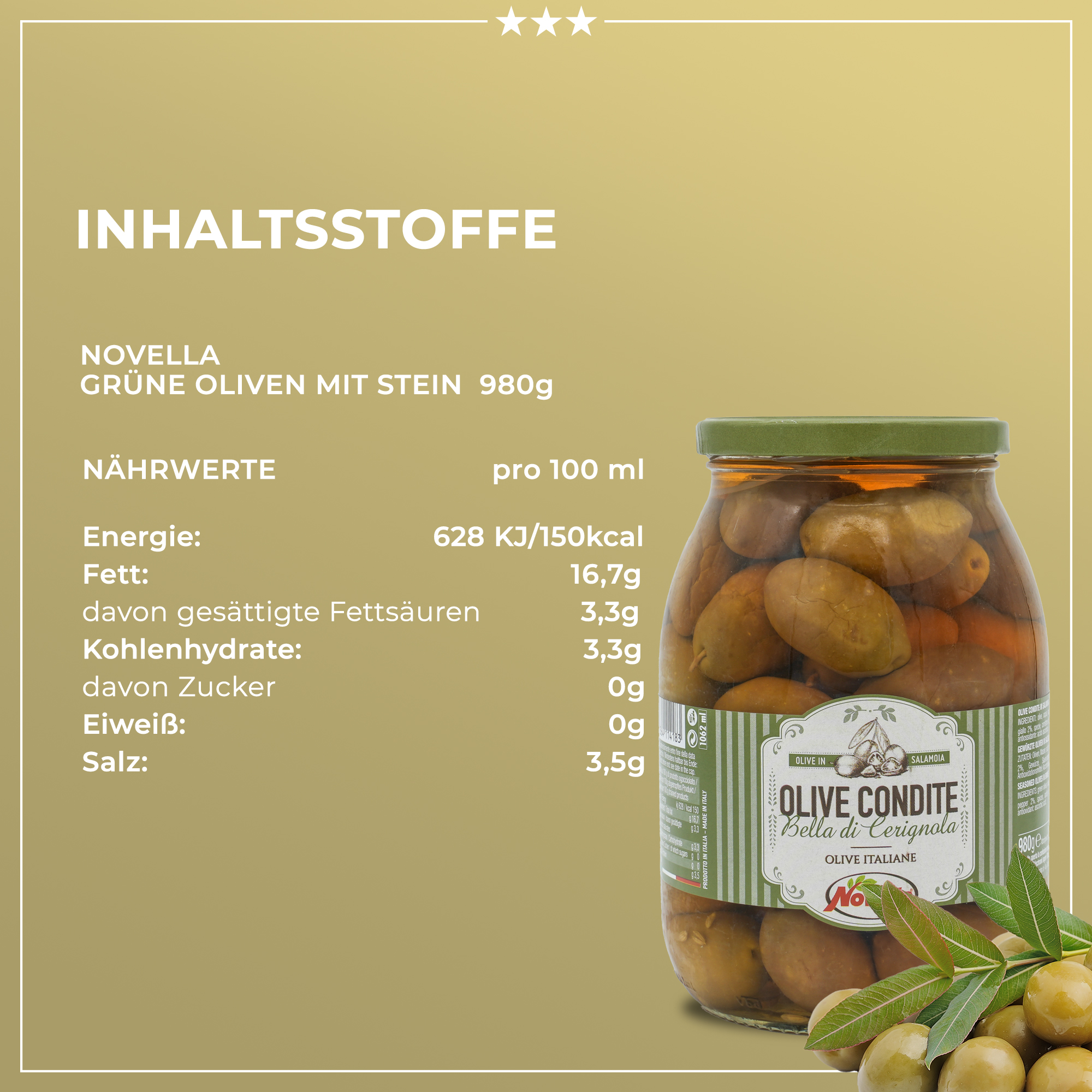 Grüne Oliven | Novella | mit Stein | Olive Condite | 600g | aus Italien Grüne Oliven | Novella | mit Stein | Olive Condite | 600g | aus Italien