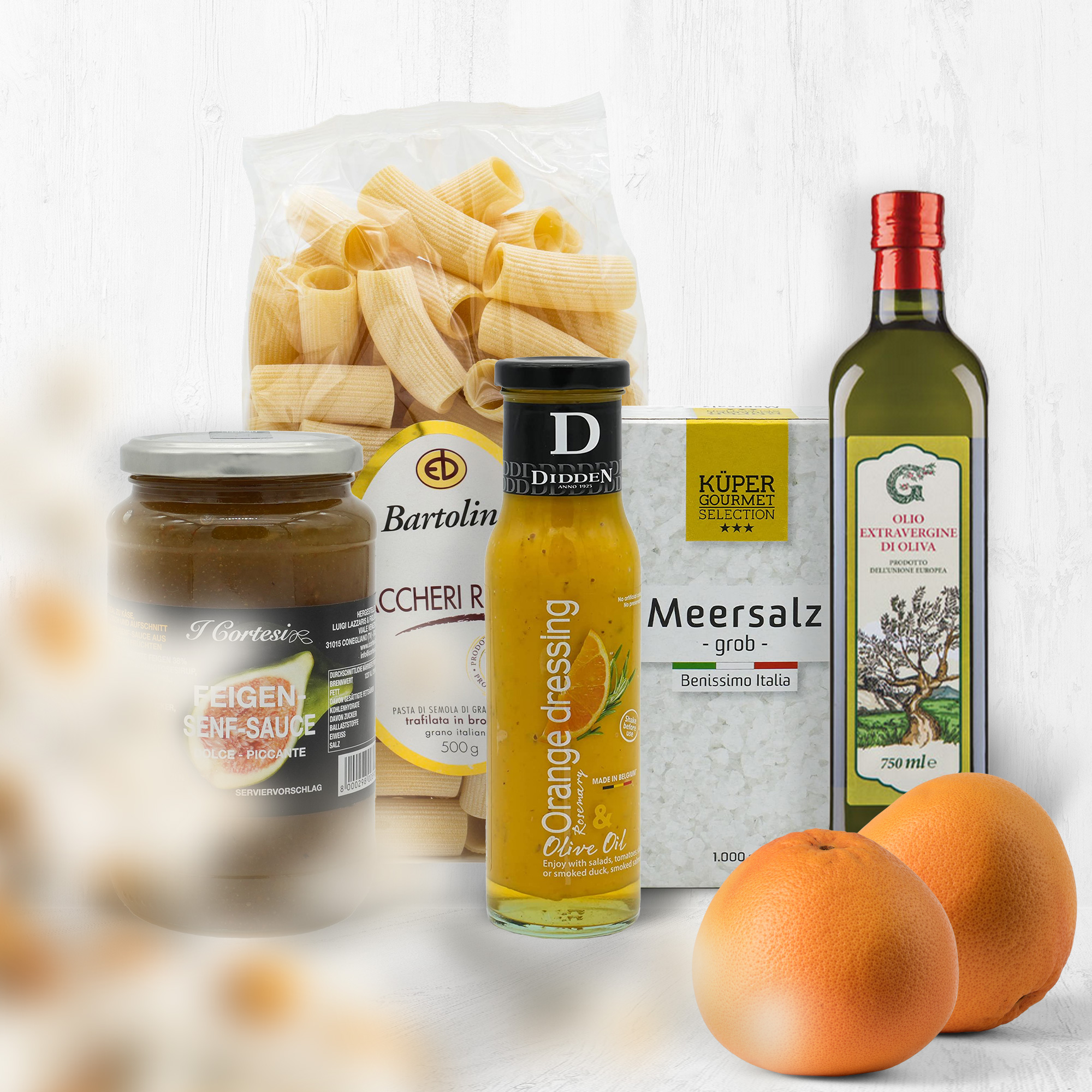 Perfekte Kochbox - Pasta Paccheri Rigati + Orangen-Rosmarin Dressing + Feigensenfsauce + Grobes Meersalz + Italienisches Olivenöl Oleria del Garda