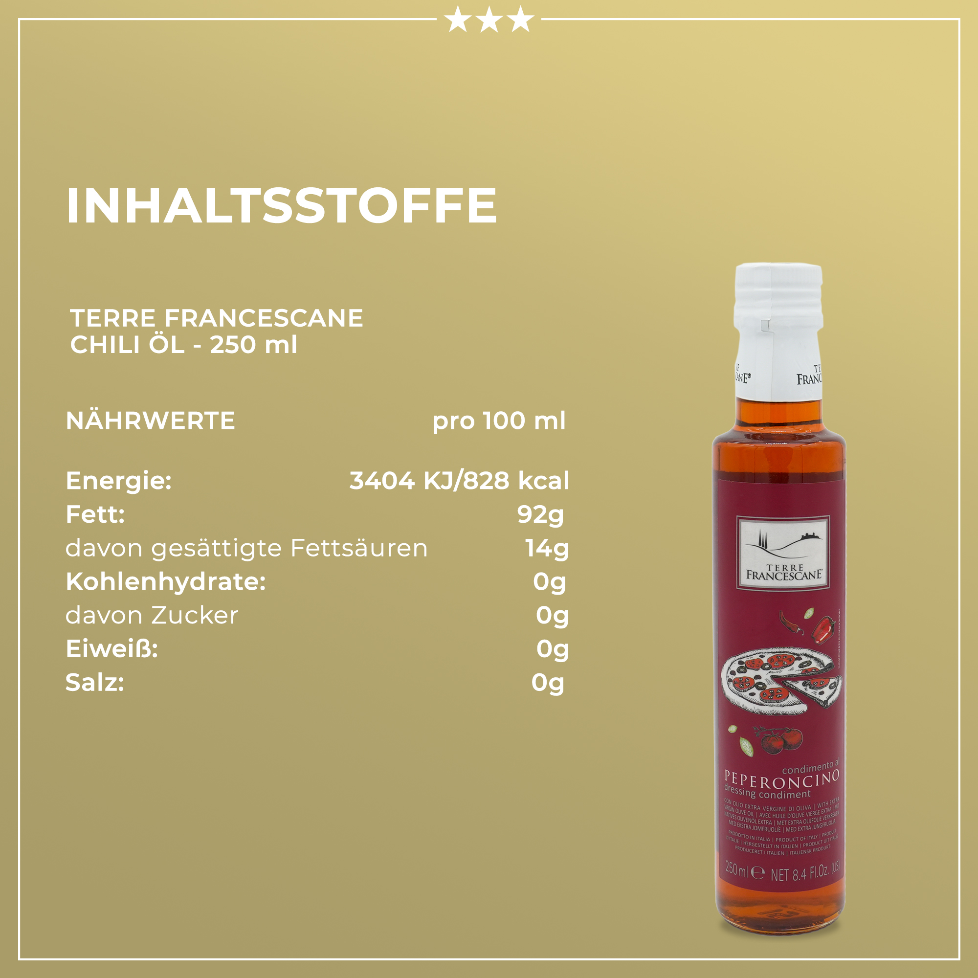 CHILI DRESSING MIT 100% ITALIENISCHEM OLIVENÖL | TERRE FRANCESCANE | CONDIMENTO AL PEPERONCINO | 250ml CHILI DRESSING MIT 100% ITALIENISCHEM OLIVENÖL | TERRE FRANCESCANE | CONDIMENTO AL PEPERONCINO | 250ml