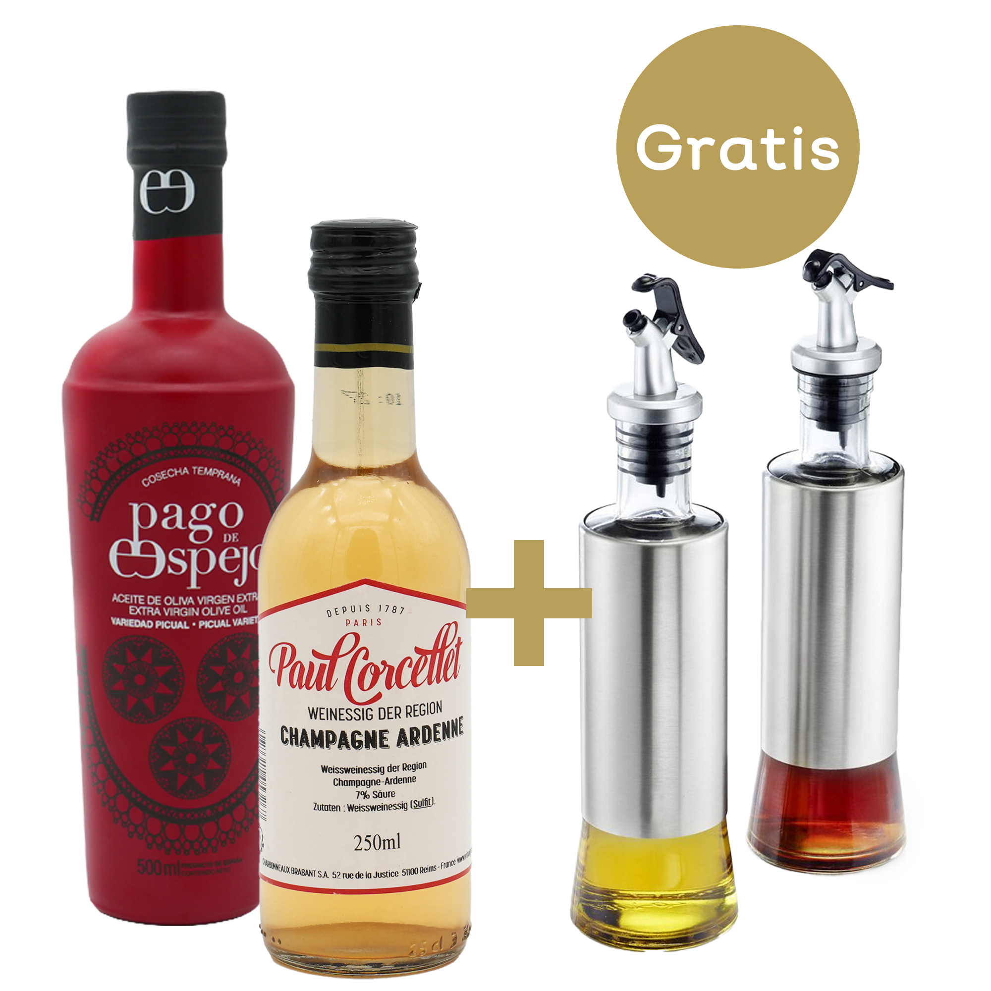 ACEITE DE OLIVIA VIRGEN EXTRA VARIEDAD PICUAL OLIVENÖL+ PAUL CORCELLET CHAMPAGNE ESSIG + ESSIG- UND ÖLSPENDER