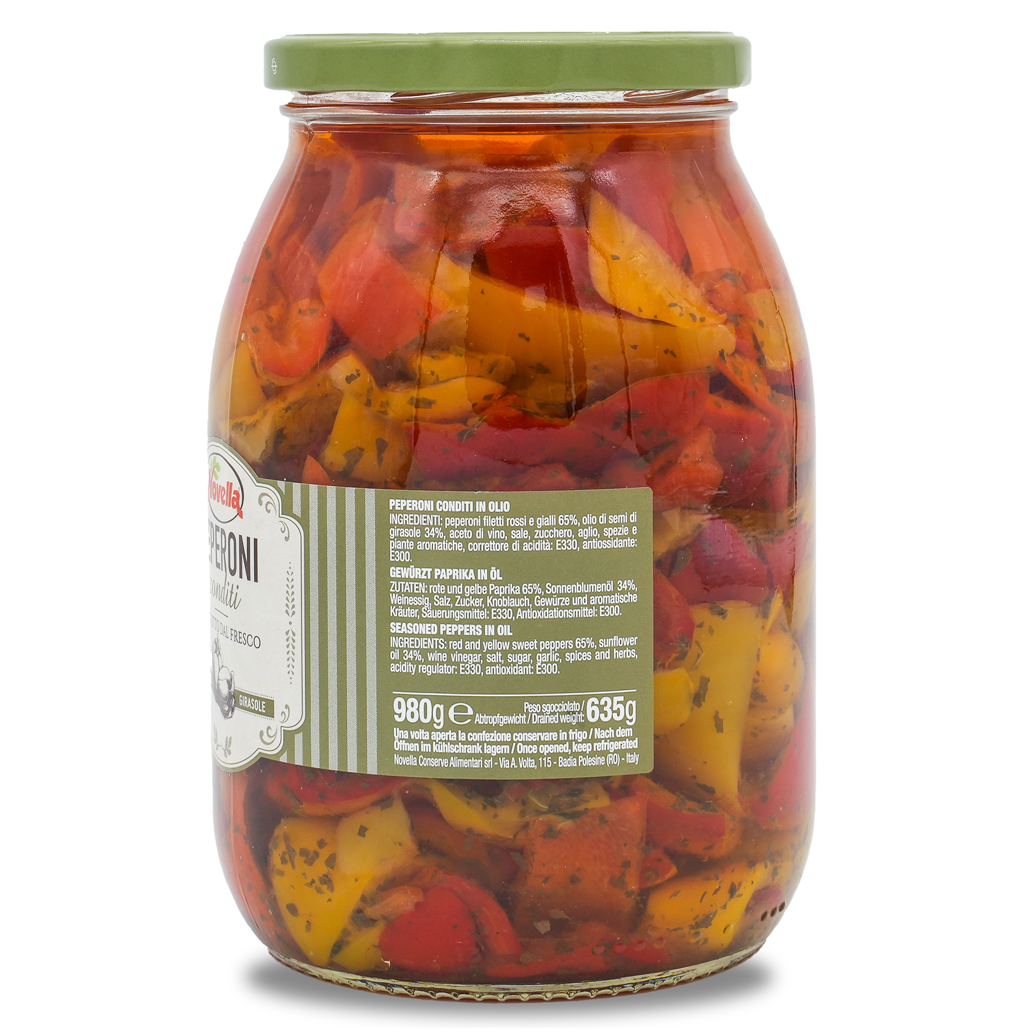 Gewürzte Paprika | Novella | in Sonnenblumenöl | 635g | aus Italien Gewürzte Paprika | Novella | in Sonnenblumenöl | 635g | aus Italien