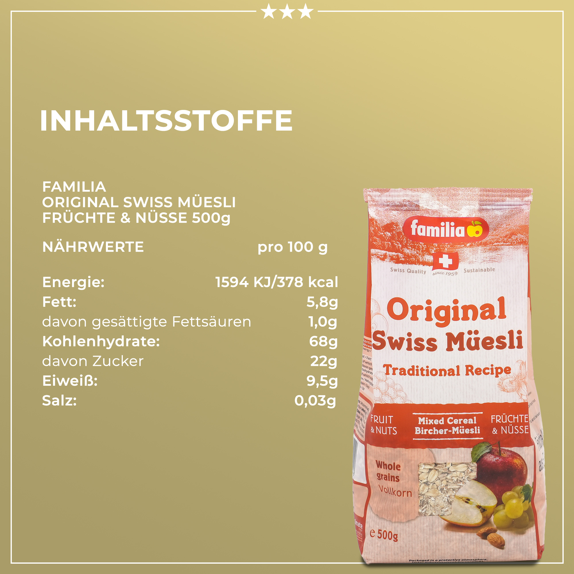  Premium Müsli aus der Schweiz | Das Original vom Erfinder des Bircher Müslis |  Familia  | 500g | 100% Vollkorn | Traditionelles Frühstück