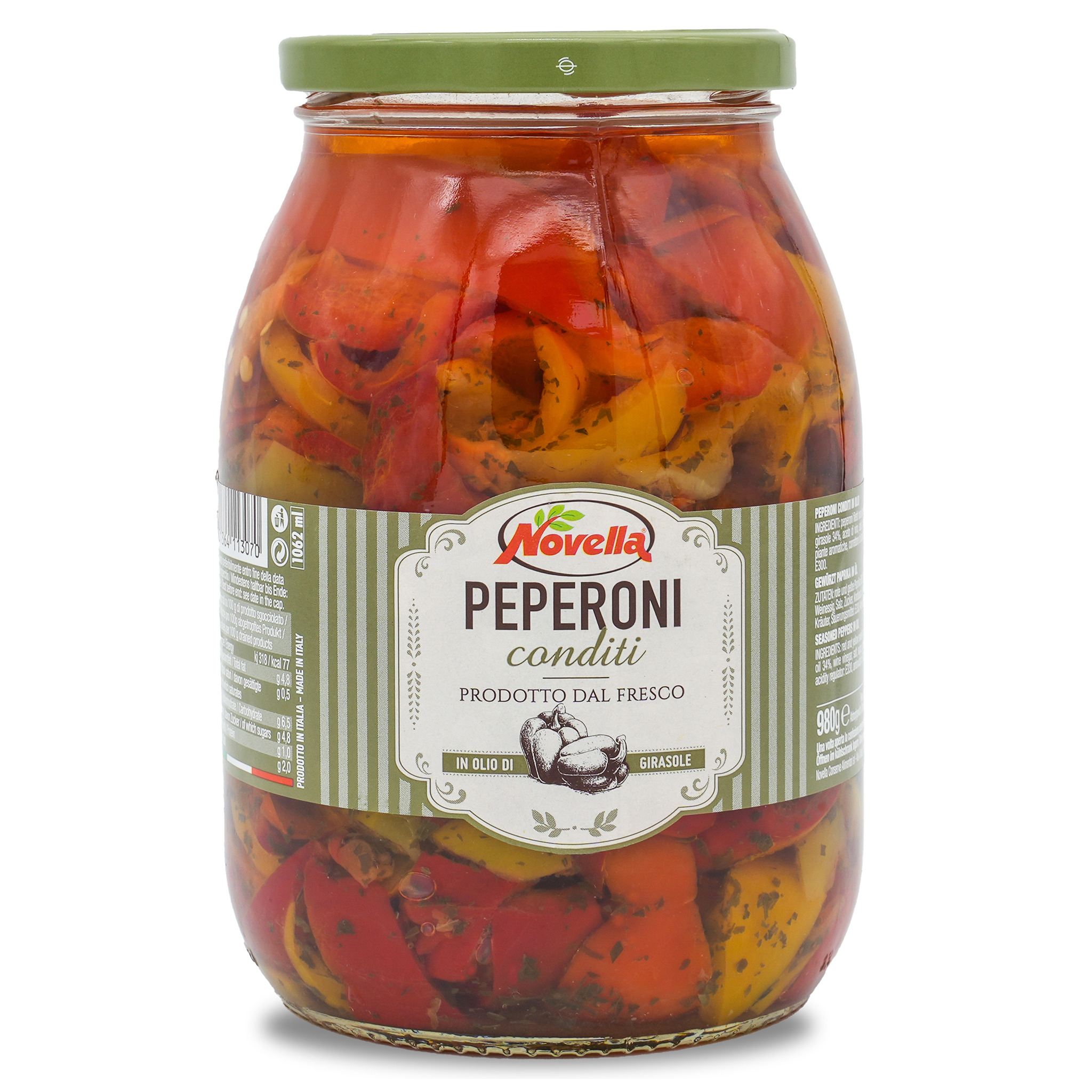 Gewürzte Paprika | Novella | in Sonnenblumenöl | 635g | aus Italien Gewürzte Paprika | Novella | in Sonnenblumenöl | 635g | aus Italien