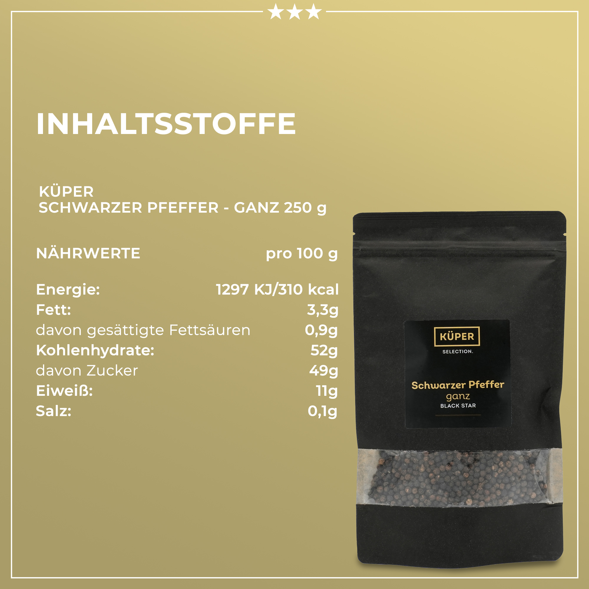 Schwarzer Pfeffer | Pfeffer | KÜPER SELECTION | 250g | aus Vietnam und Brasilien | Gewürze |exotisches Gewürz