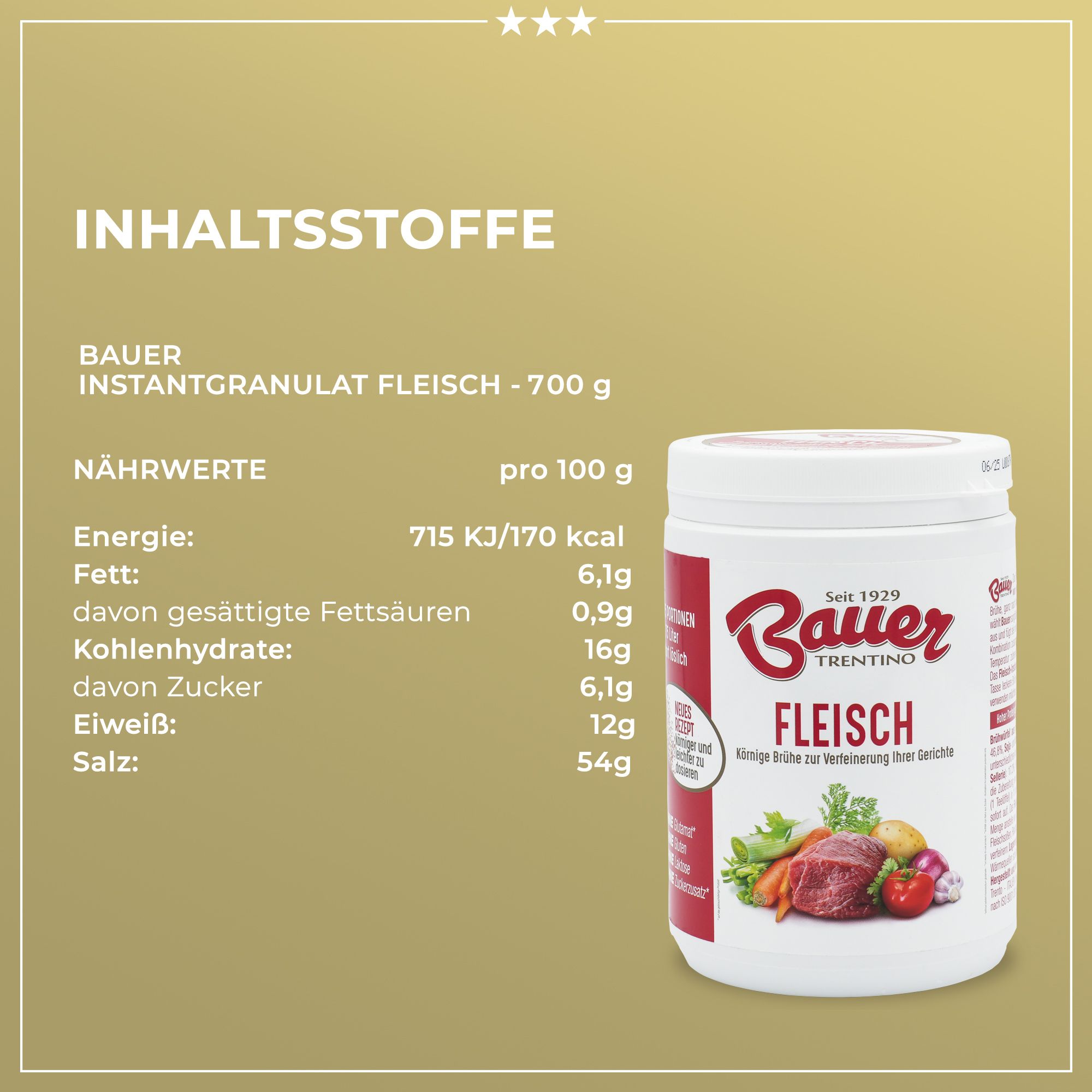 Fleisch Instant- Granulat | Körnige Brühe zur Verfeinerung von Gerichten | Bauer | Aus pflanzlichem Proteinextrakt Fleisch Instant- Granulat | Körnige Brühe zur Verfeinerung von Gerichten | Bauer | Aus pflanzlichem Proteinextrakt