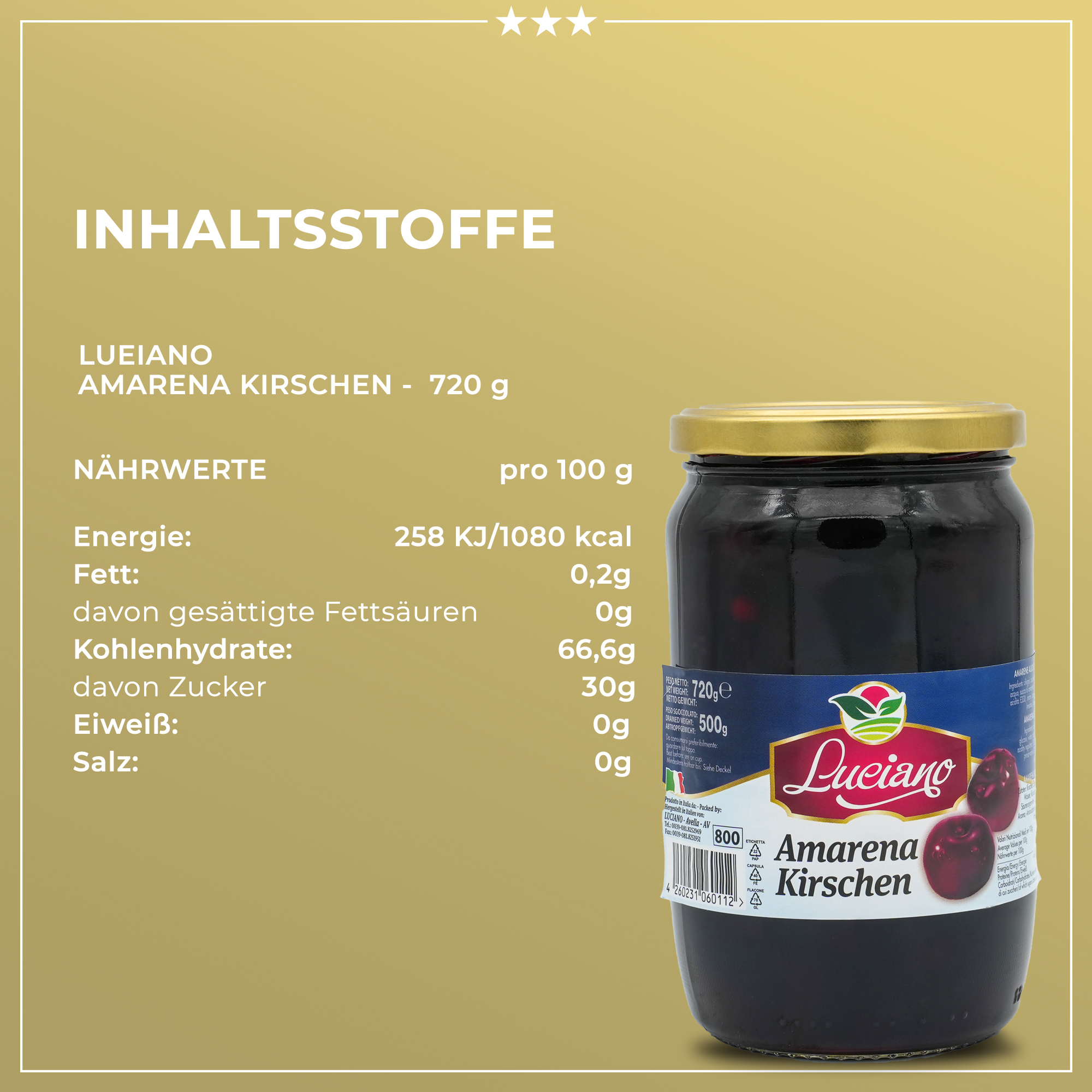 Amarena Kirschen | Amarena Kirsche entsteint und ohne Stiel | LUCIANO | 720ml | aus Italien | Früchte Amarena Kirschen | Amarena Kirsche entsteint und ohne Stiel | LUCIANO | 720ml | aus Italien | Früchte