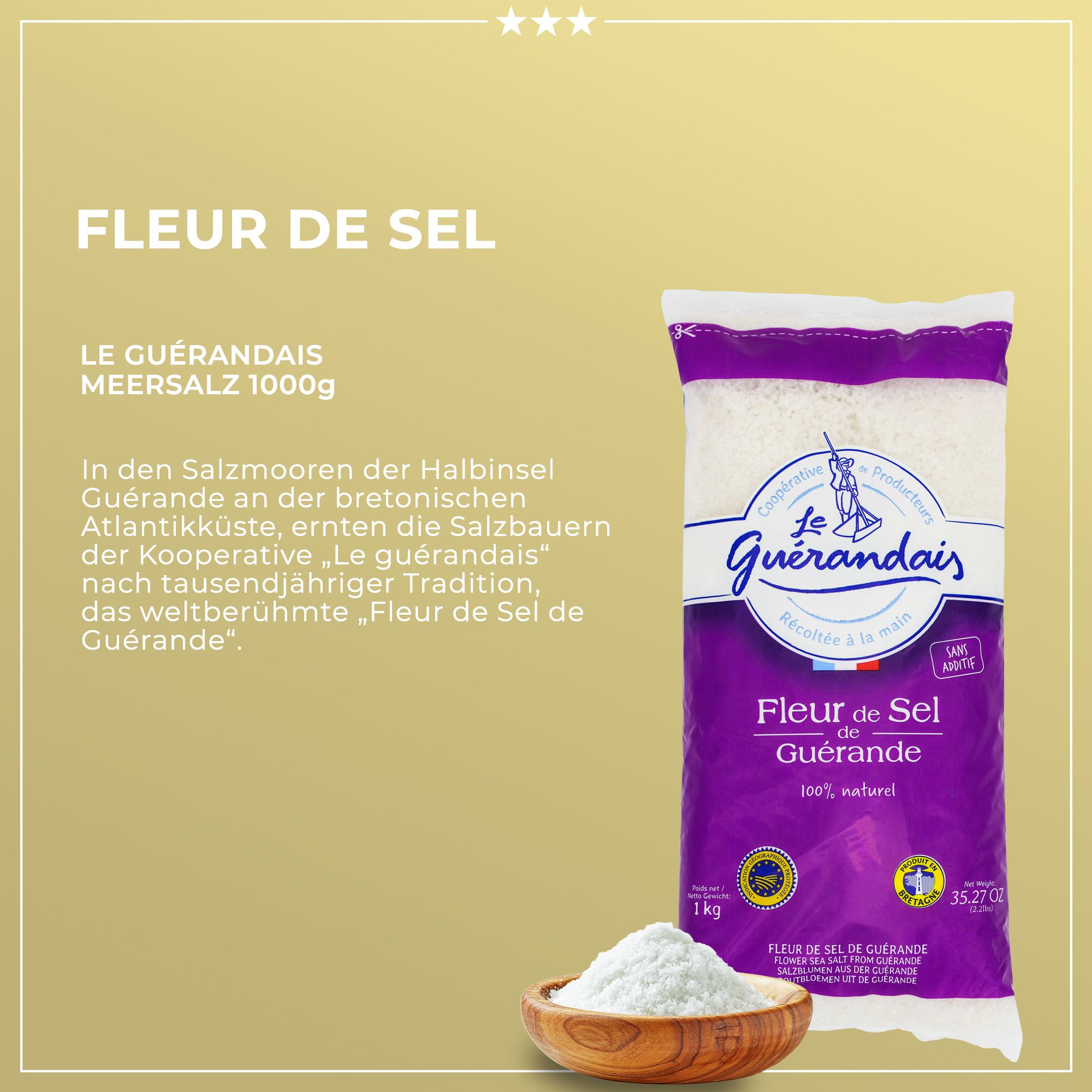 Handgeschöpftes Fleur de Sel | De Guerande | 1000g | nicht für Salzmühlen geeignet Handgeschöpftes Fleur de Sel | De Guerande | 1000g | nicht für Salzmühlen geeignet