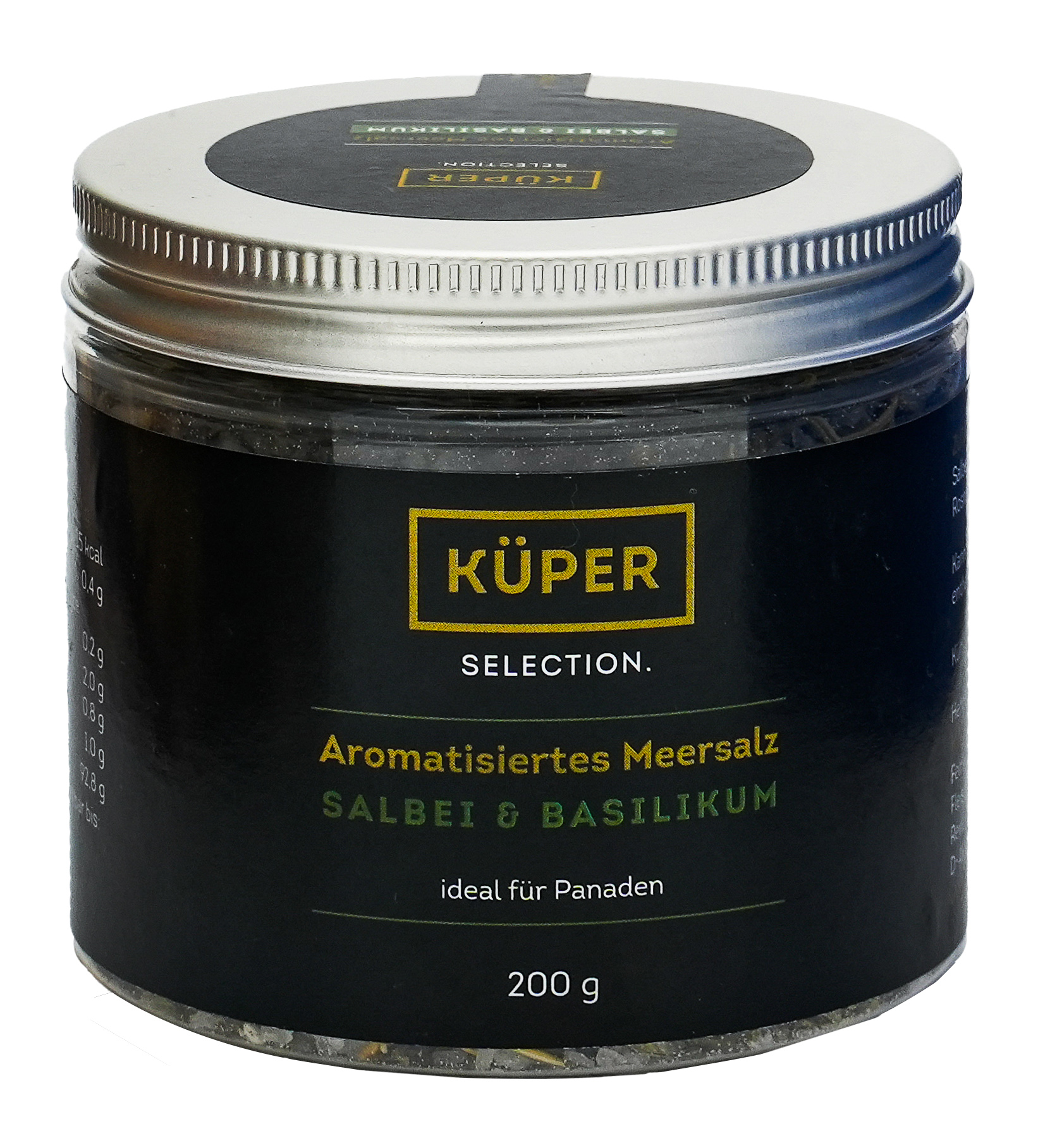 Küper Selection – 200g Aromatisiertes Meersalz mit 1,4% Salbei, 1% Basilikum, Rosmarin und Petersilie in grober Körnung