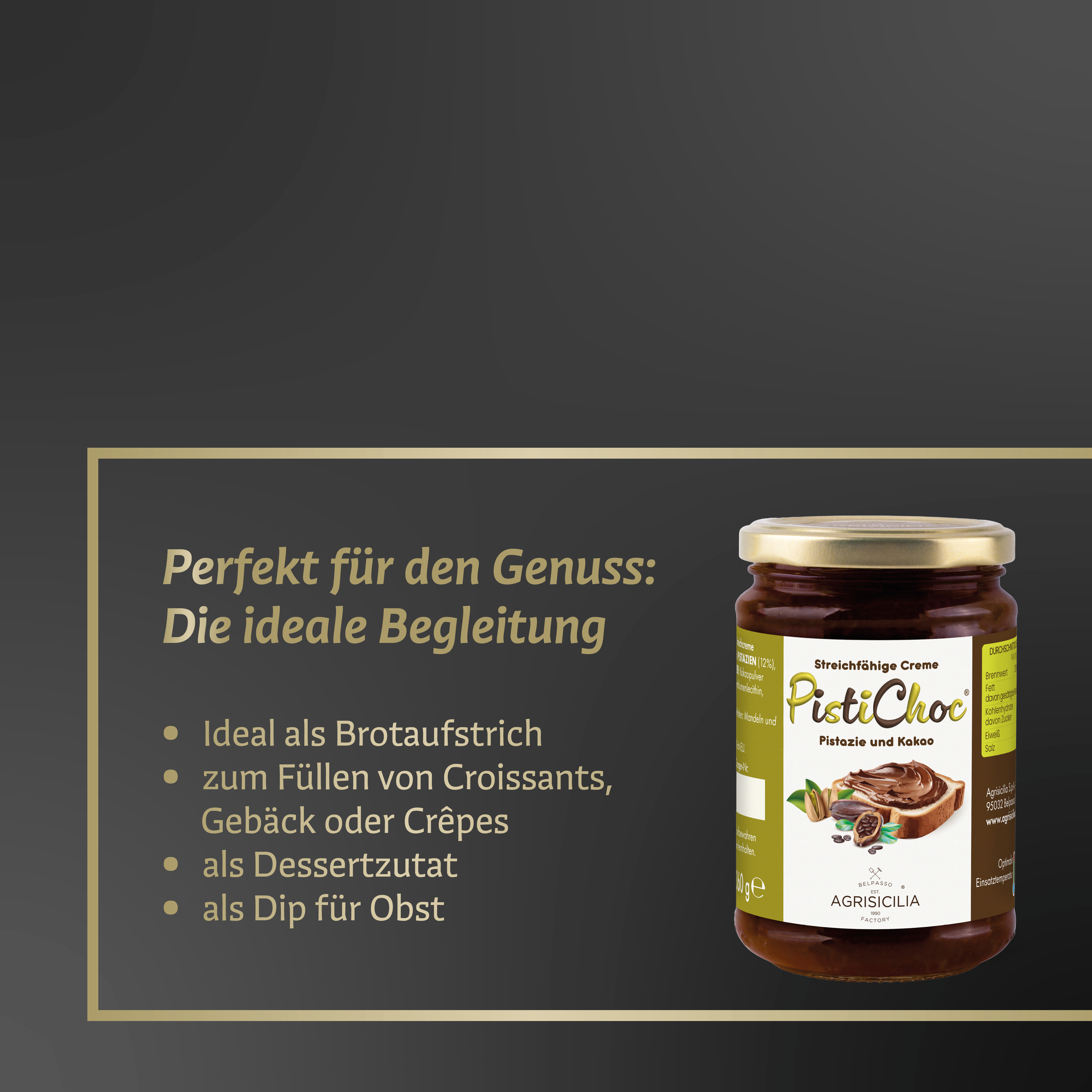 AGRISICILIA PistiChoc – 360g Aufstrich mit Kakao & Pistazien – Brotaufstrich mit Schoko-Pistazien-Geschmack – Pistaziencreme mit Schokolade