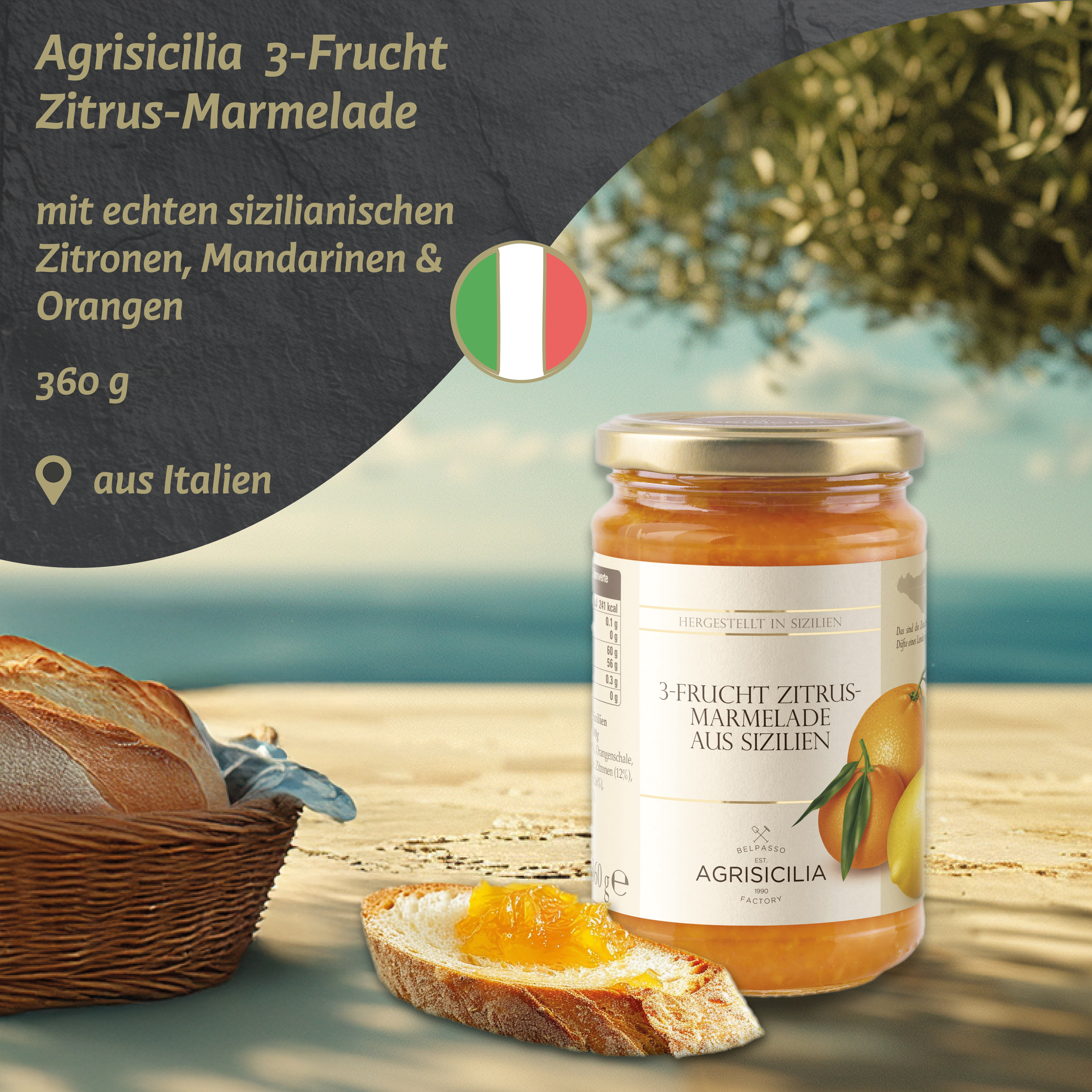 Agrisicilia - 3-Frucht Marmelade: Orangen, Zitronen & Mandarinen 360g – Brotaufstrich aus Sizilien – Konfitüre fürs Frühstück zum Brötchen oder Brot