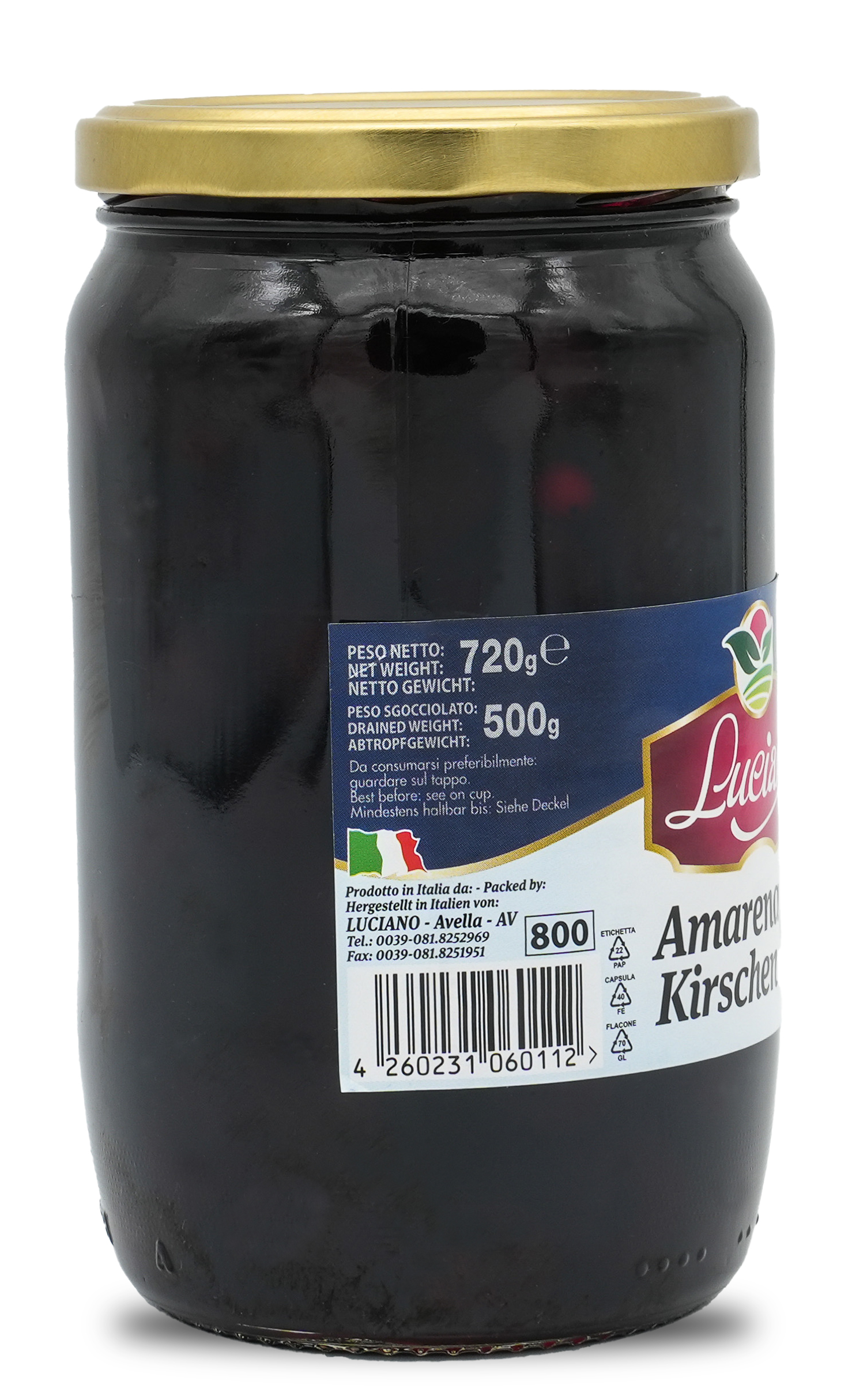 Amarena Kirschen | Amarena Kirsche entsteint und ohne Stiel | LUCIANO | 720ml | aus Italien | Früchte Amarena Kirschen | Amarena Kirsche entsteint und ohne Stiel | LUCIANO | 720ml | aus Italien | Früchte