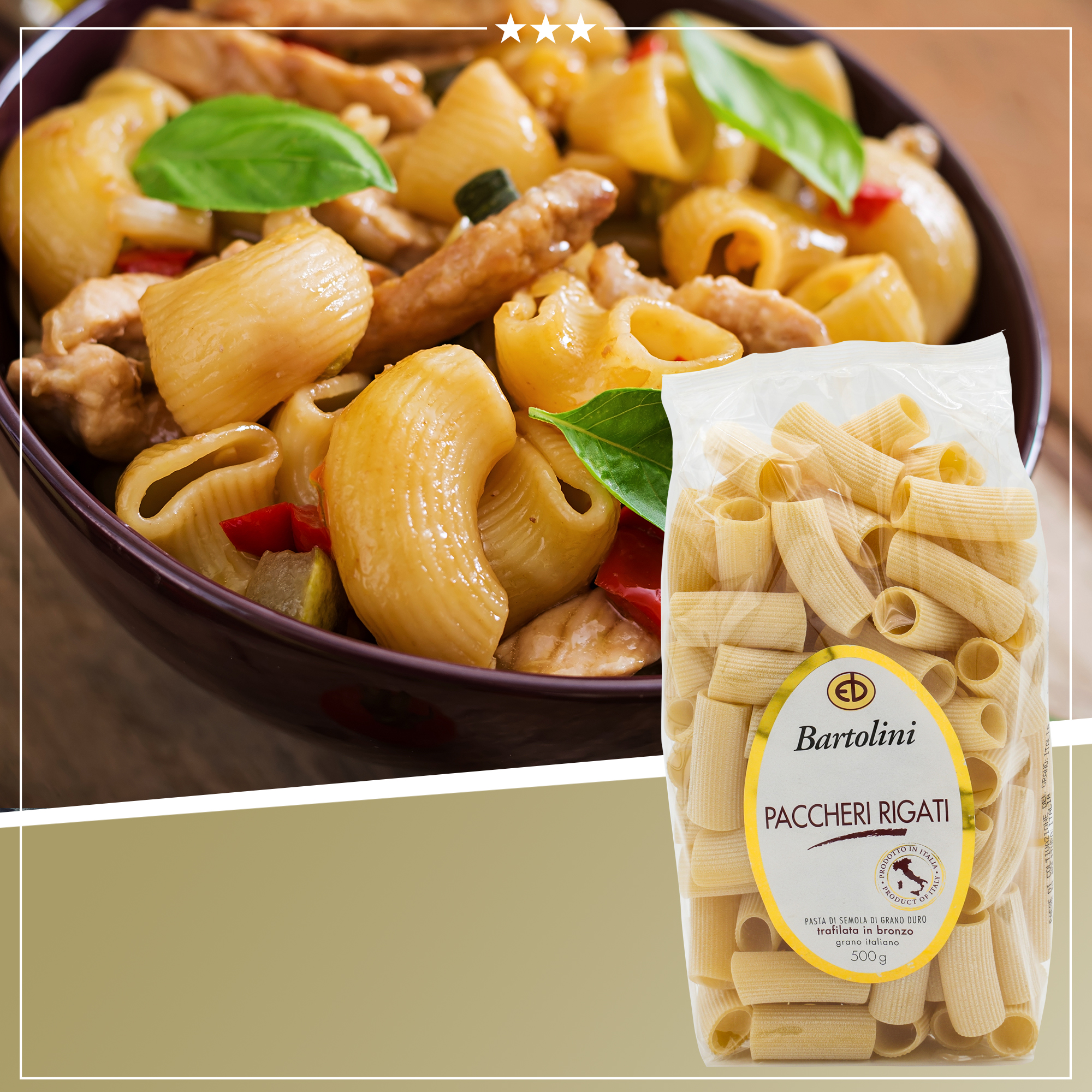 Perfekte Kochbox - Pasta Paccheri Rigati + Orangen-Rosmarin Dressing + Feigensenfsauce + Grobes Meersalz + Italienisches Olivenöl Oleria del Garda