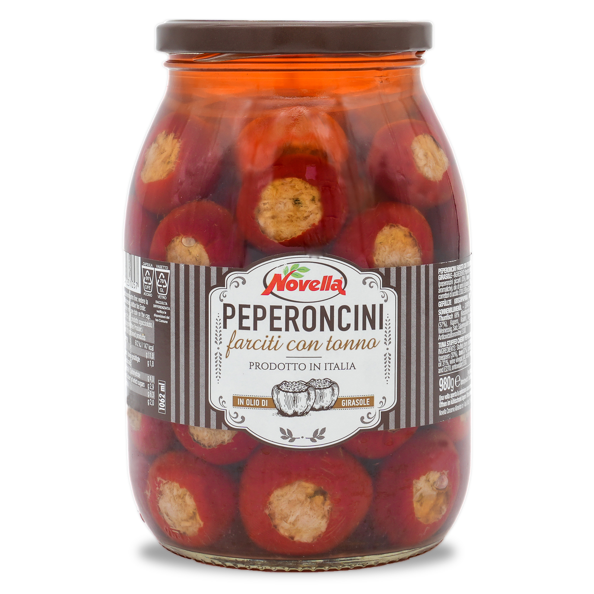 PEPERONCINI FARCITI CON TONNO | Kirschpaprika mit Thunfischfüllung im Glas | NOVELLA | 665g | aus Italien | Vorspeisen