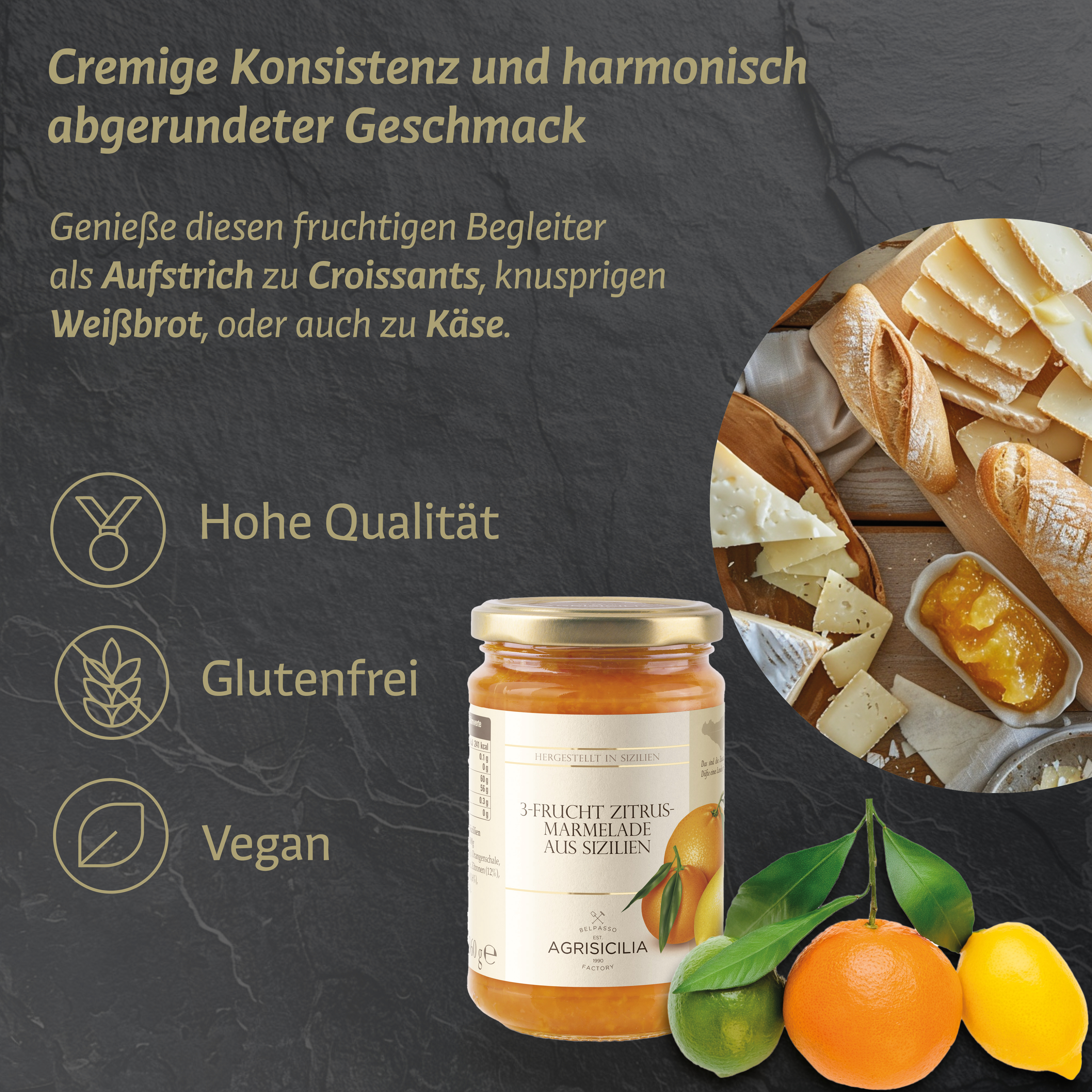 Agrisicilia - 3-Frucht Marmelade: Orangen, Zitronen & Mandarinen 360g – Brotaufstrich aus Sizilien – Konfitüre fürs Frühstück zum Brötchen oder Brot