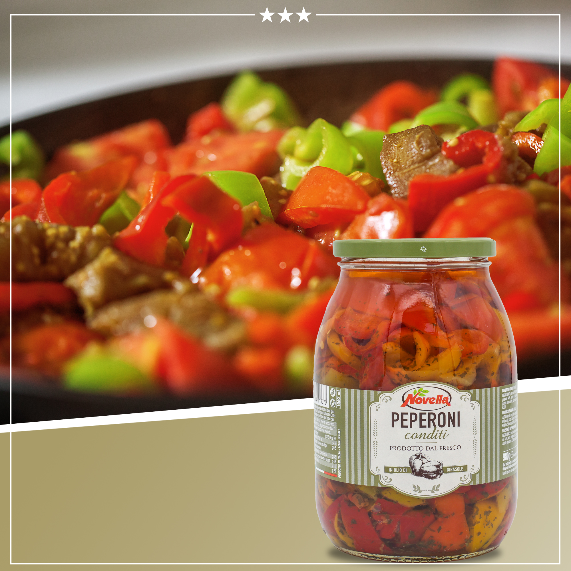 Gewürzte Paprika | Novella | in Sonnenblumenöl | 635g | aus Italien Gewürzte Paprika | Novella | in Sonnenblumenöl | 635g | aus Italien