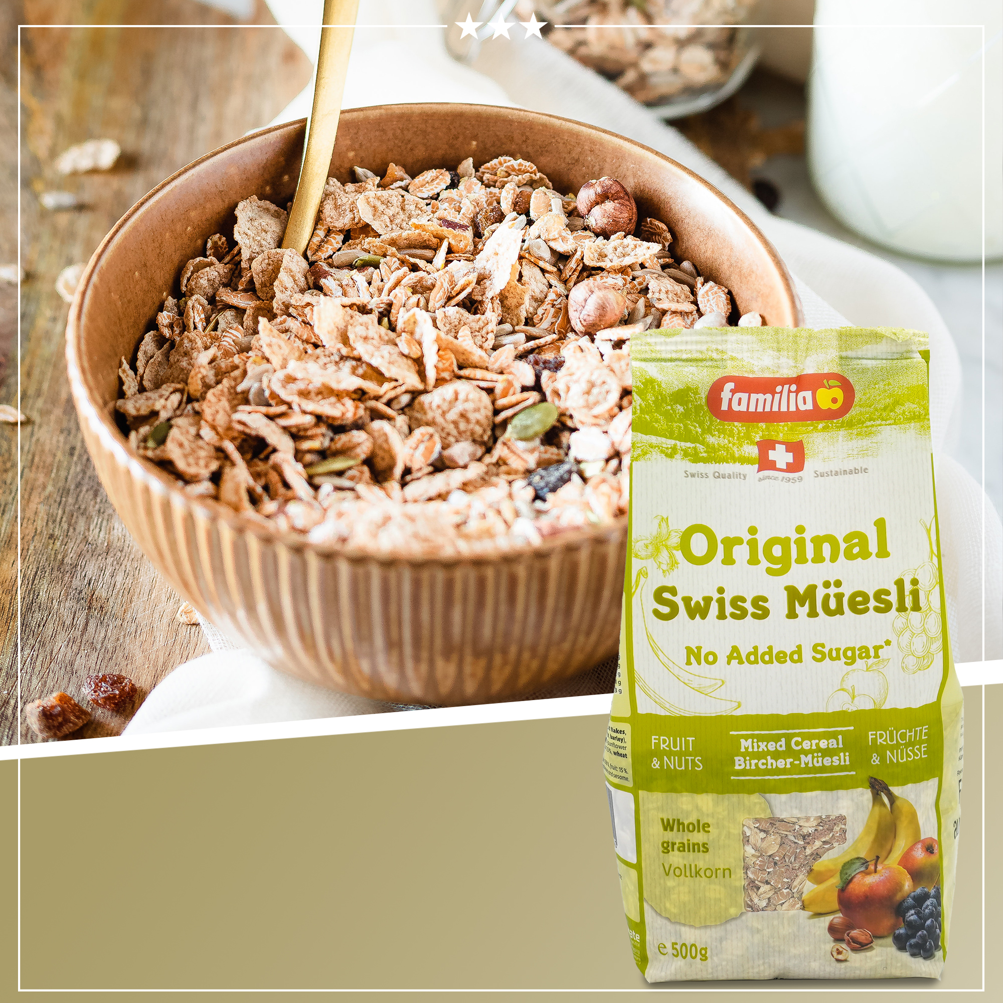 Premium Müsli aus der Schweiz | Das Original (ohne Zucker) vom Erfinder des Bircher Müslis | Familia | 500g | 100% Vollkorn | Traditionelles Frühstück Premium Müsli aus der Schweiz | Das Original (ohne Zucker) vom Erfinder des Bircher Müslis | Familia | 500g | 100% Vollkorn | Traditionelles Frühstück