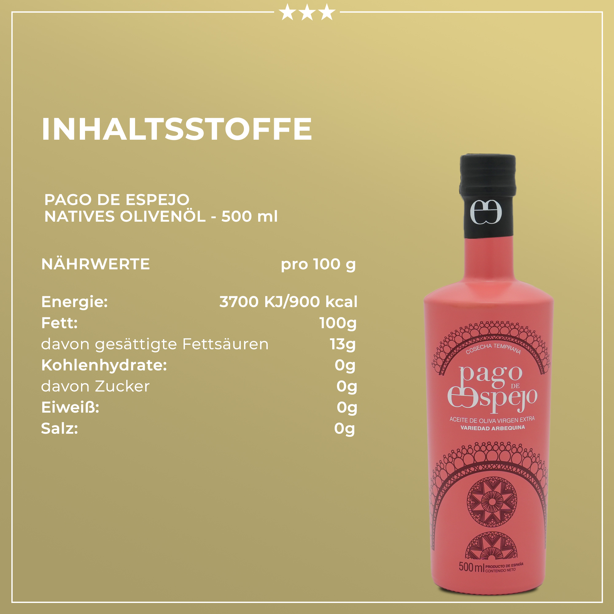 ACEITE DE OLIVIA VIRGEN EXTRA VARIEDAD ARBEQUINA | Olivenöl extra nativ aus Arbequina-Olive | PAGO DE ESPEJO | 500ml | aus Spanien | Öle ACEITE DE OLIVIA VIRGEN EXTRA VARIEDAD ARBEQUINA | Olivenöl extra nativ aus Arbequina-Olive | PAGO DE ESPEJO | 500ml | aus Spanien | Öle