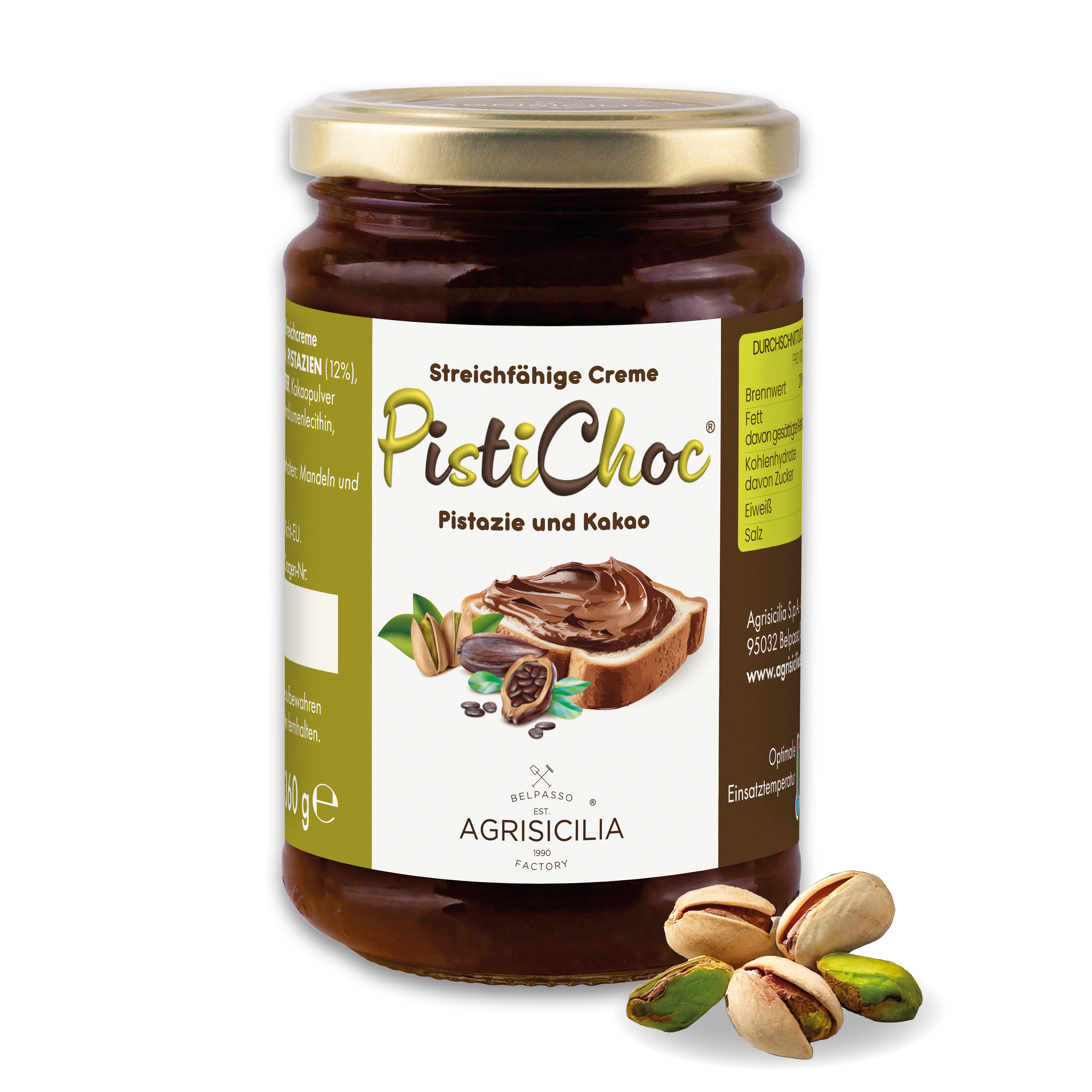 AGRISICILIA PistiChoc – 360g Aufstrich mit Kakao & Pistazien – Brotaufstrich mit Schoko-Pistazien-Geschmack – Pistaziencreme mit Schokolade