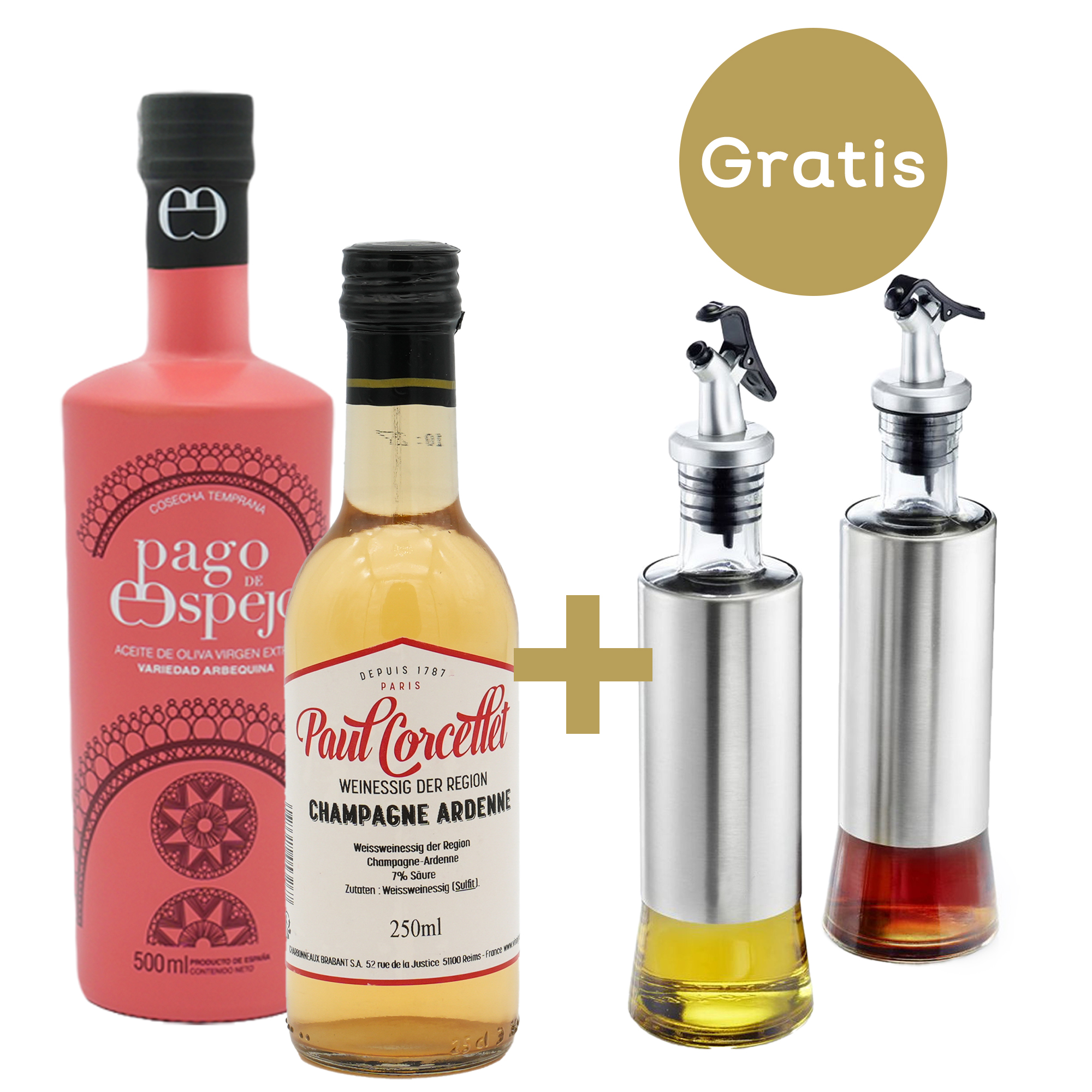 ACEITE DE OLIVIA VIRGEN EXTRA VARIEDAD ARBEQUINA + PAUL CORCELLET CHAMPAGNE ESSIG + ESSIG- UND ÖLSPENDER