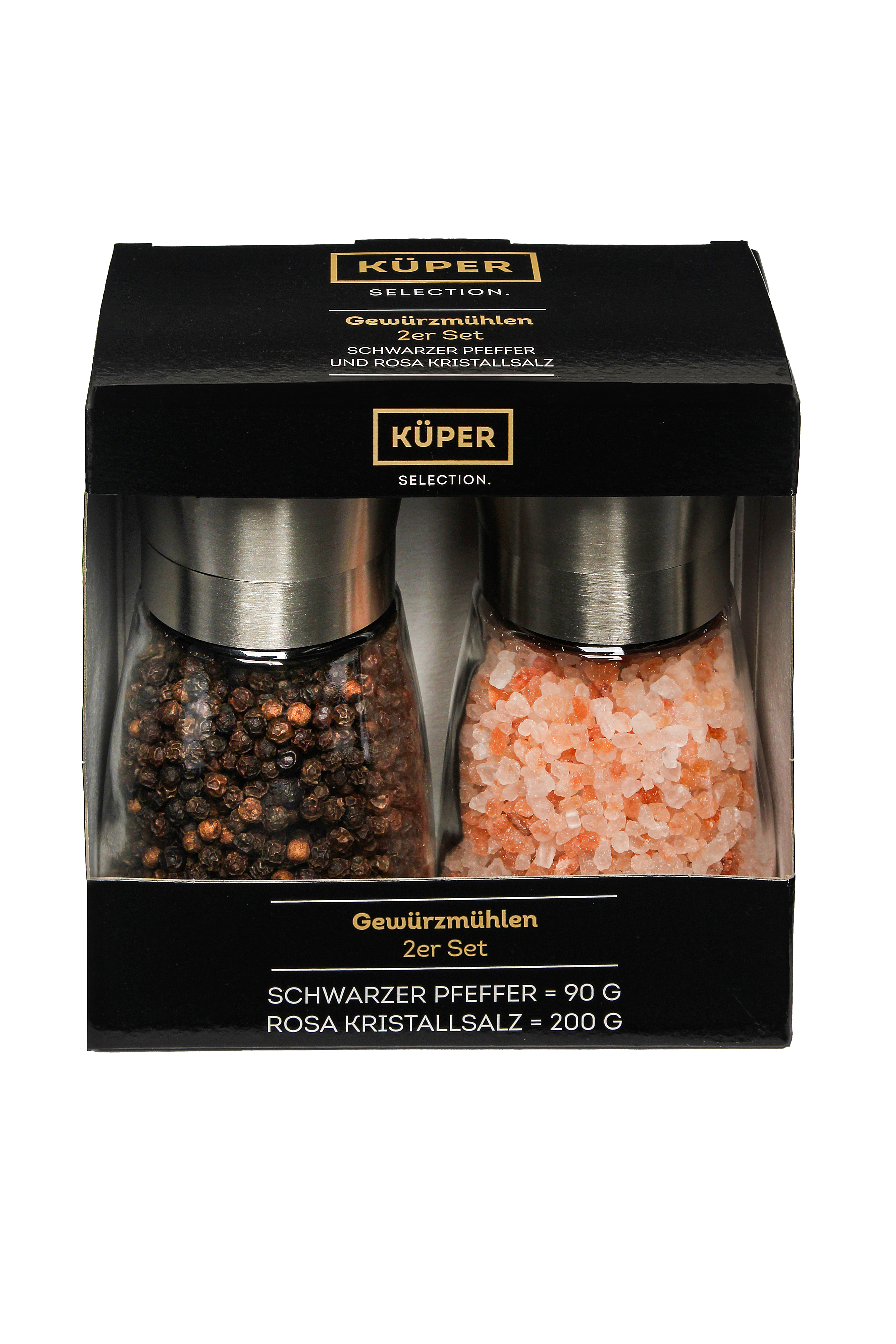 Küper Selection - 2er Gewürzmühlen Set - mit schwarzem Pfeffer und rosa Kristallsalz - Salz und Pfeffermühle - 2er Gewürzset – 90 g Pfeffer - 200 g Salz