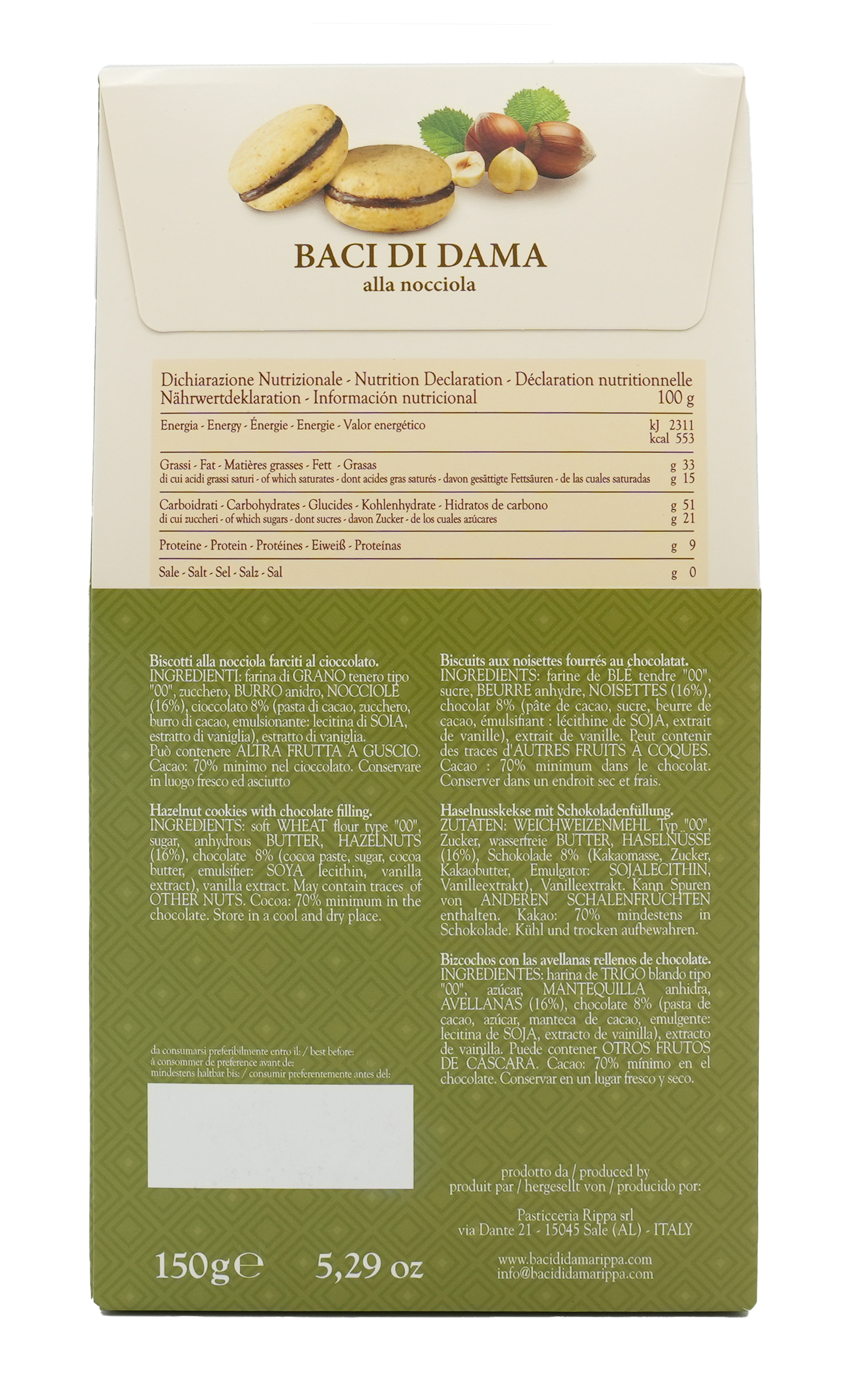 Baci di Dama alla nocciola | RIPPA | Aus Italien | 150g | Haselnusskekse mit Schokoladenfüllung | Traditionelles italienisches Rezept